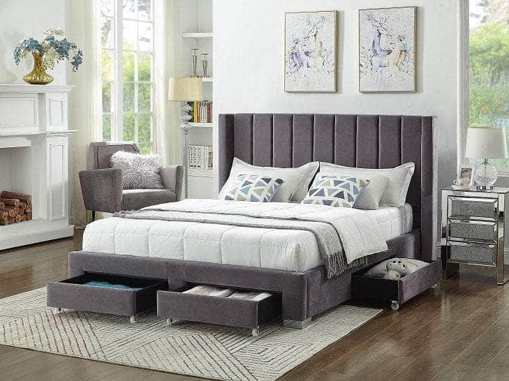 Telkwa Velvet Tufted Wingback Platform Bed with 4 Storage Drawers - Queen/King Size, 3 Color Options (Gray, Blue, Beige) - Luxurious Upholstered Bed Frame for Master Bedroom, Guest Room & Small Space