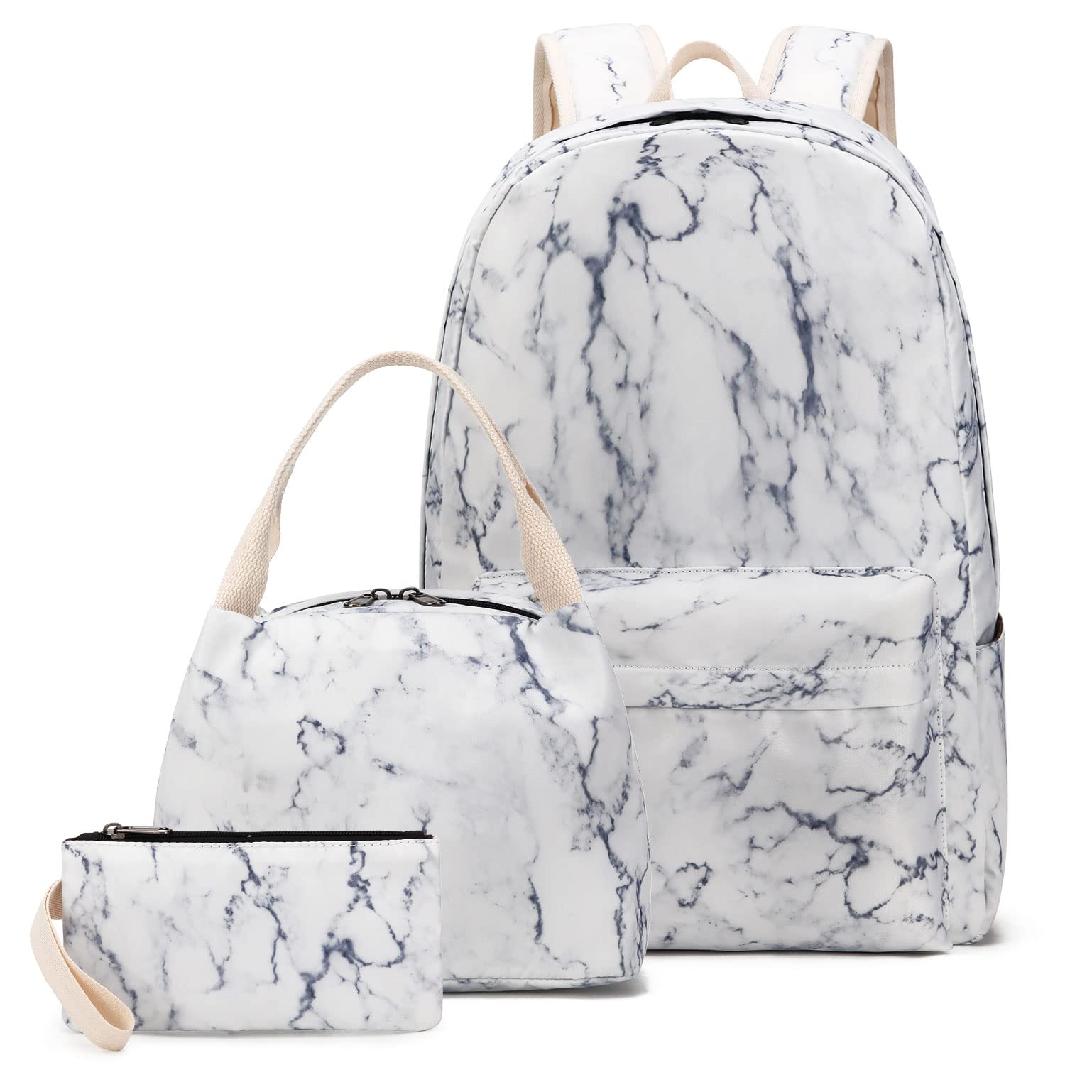 Stylish Marble Print Backpack for Teen Girls - Waterproof School Backpack with Laptop Compartment, Lunch Box & Pencil Case - Perfect for High School, College, Travel & Daily Use