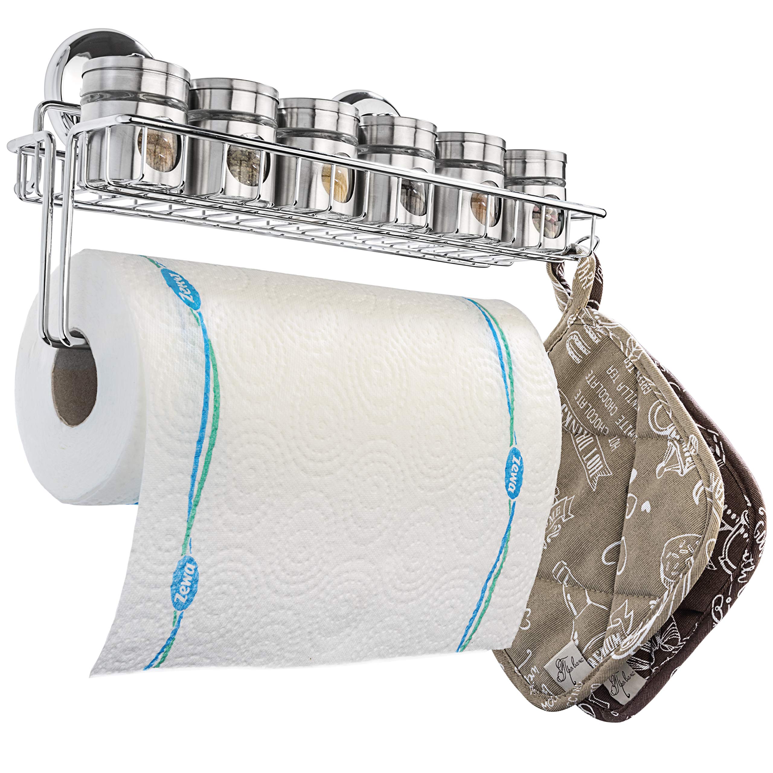 Stainless Steel Wall Mount Paper Towel Holder with Shelf & Hooks - SUS 304 Metal Organizer for Kitchen, Bathroom - Chrome Tissue Roll Hanger - Space Saving Storage Solution for Small Spaces & RVs