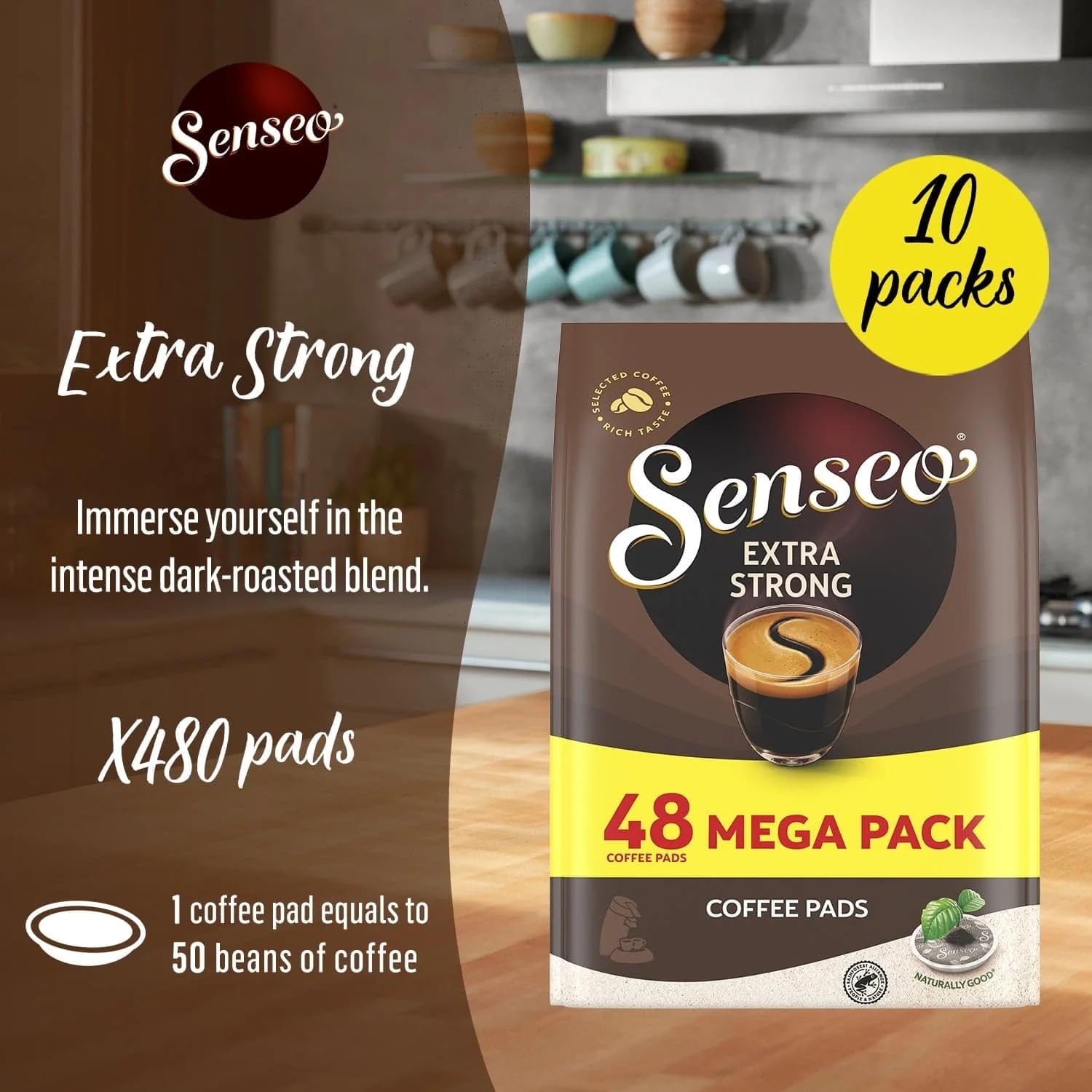 Senseo Extra Strong Dark Roast Coffee Pods, 48 Count (Pack of 10) - Single Serve Coffee Pods Compatible with Senseo Coffee Machines - Eco-Friendly Compostable Pods for Hot, Iced & Cold Brew Coffee - Perfect for Home, Office or Travel Use