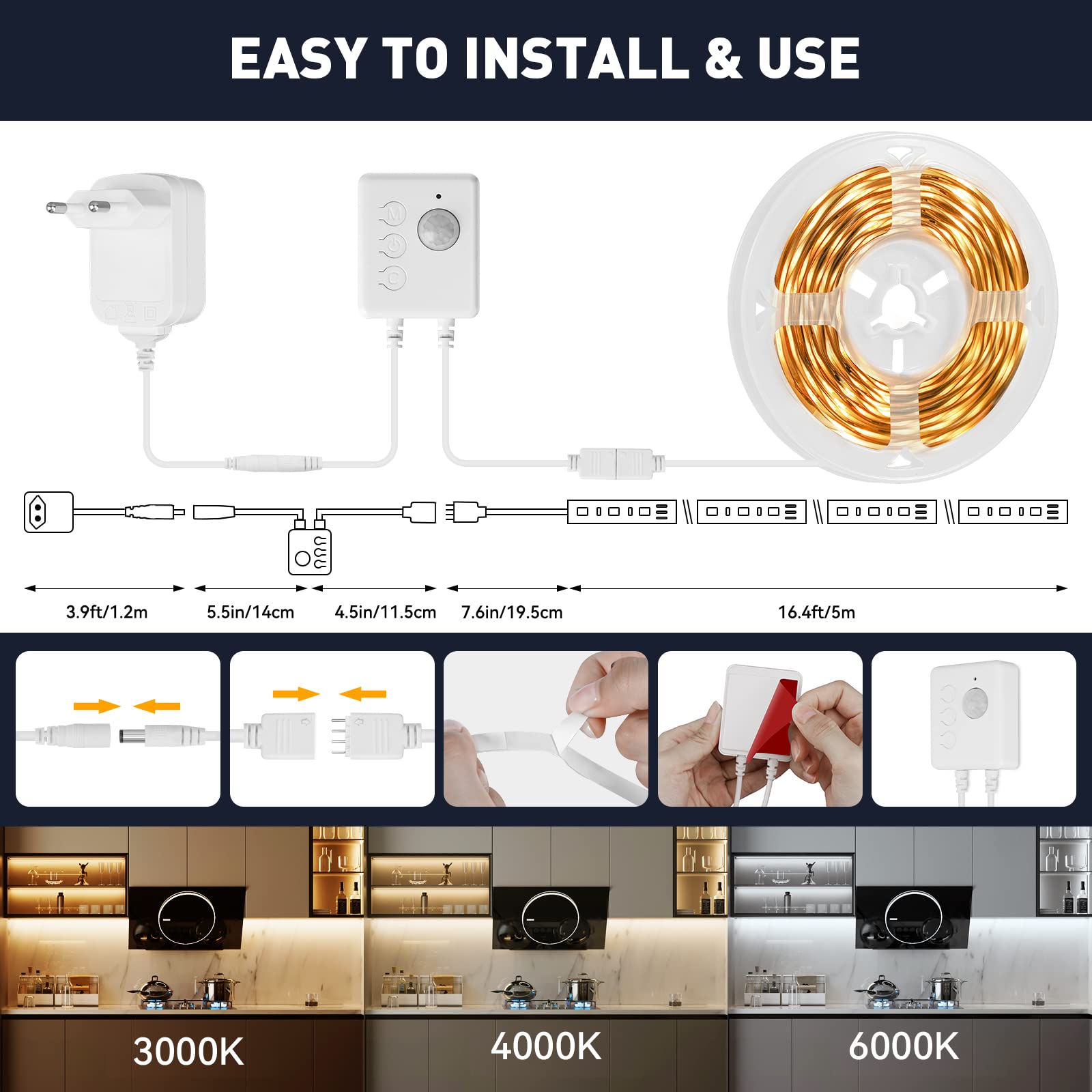 Motion Sensor LED Strip Lights 16.4Ft - Under Bed Lighting with Always On & Night Modes, Flexible Cuttable 3000K-6000K Warm to Cool White - 12V Plug-in Rope Lights for Cabinets, Stairs, Closets (Ideal for Nighttime Safety & Home Decor)