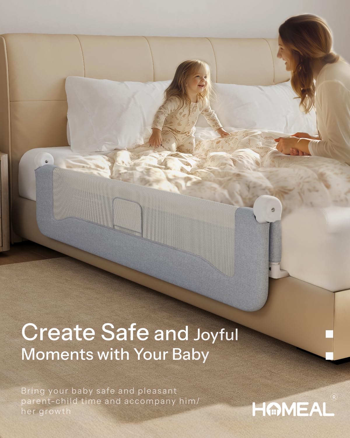 Foldable 32in Toddler Bed Rail with U-Shape Base - Safety Bed Guard for Twin, Full, Queen & King Size Beds - HOMEAL Baby Bed Rail for Toddlers (Grey) - Perfect for Nighttime Safety and Preventing Falls