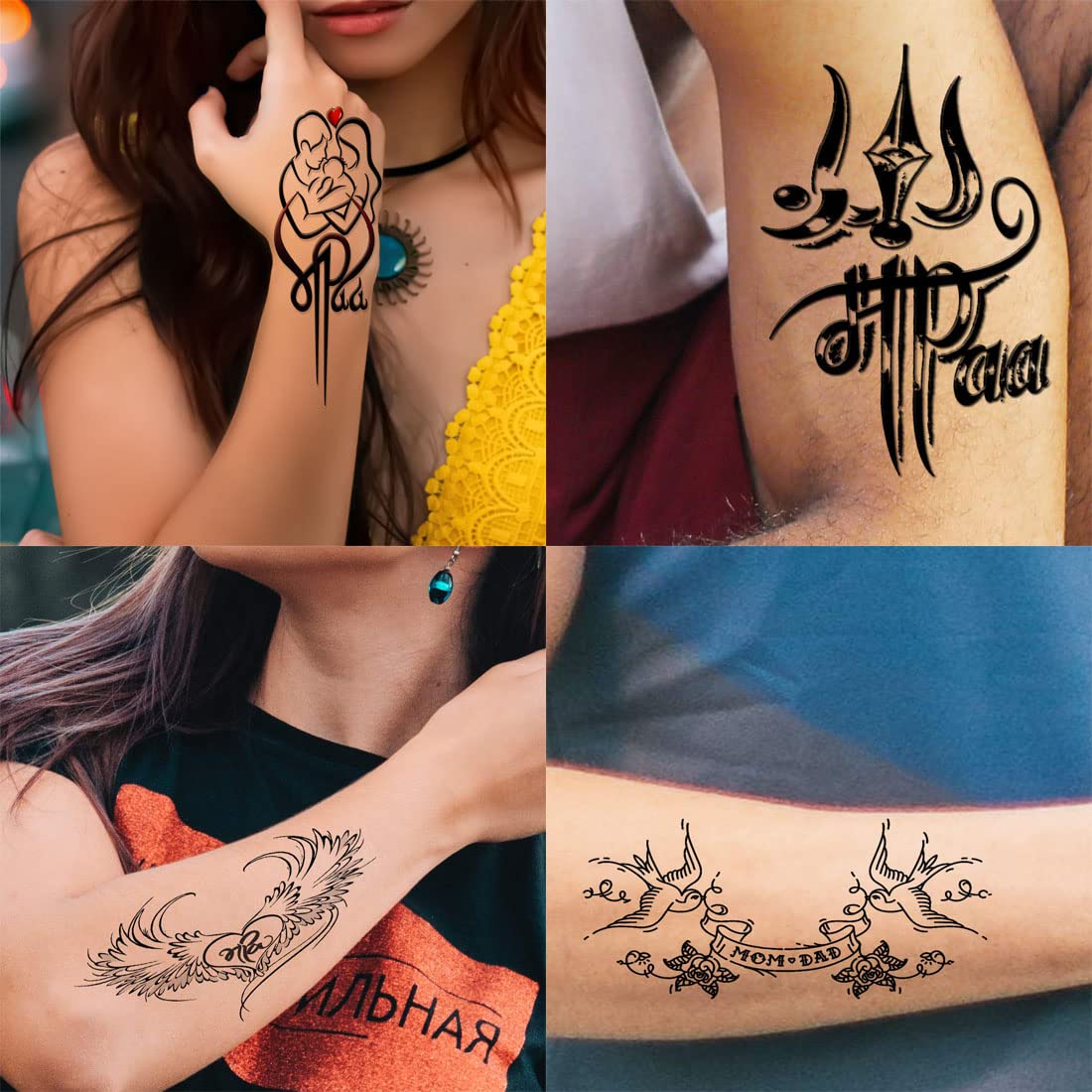 Pack of 4 Temporary Tattoo Stickers - Maa Paa Trishul Designs for Men & Women (2x4 Inch) - Waterproof Fake Body Art for Parties, Festivals & Spiritual Events
