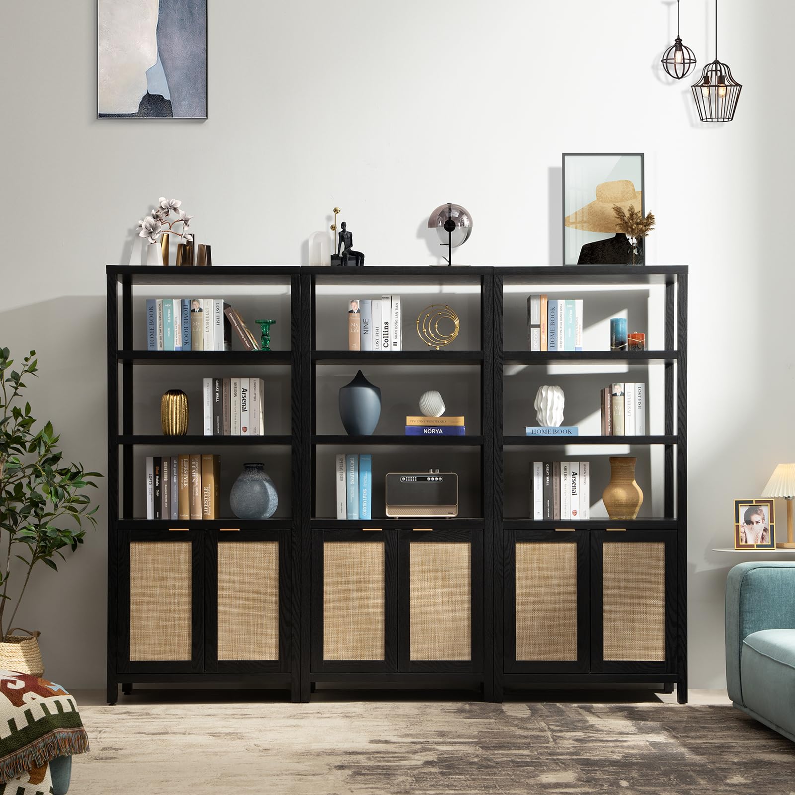 5-Tier Rattan Boho Bookshelf with Doors - 71