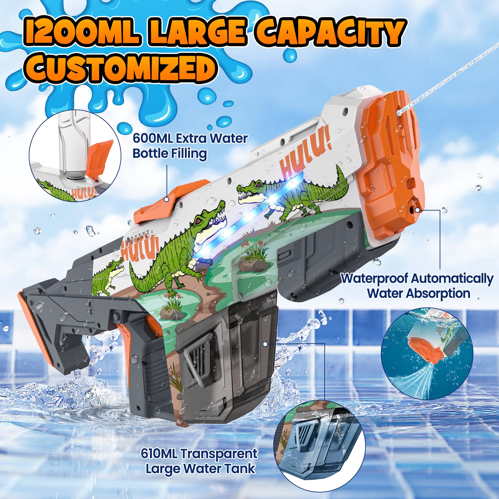 CFITANK Electric Water Gun for Kids & Adults - High-Powered Outdoor Water Blaster with LED Light, Fun Cartoon Water Toy for Summer Pool Parties, Beach Games & Backyard Battles (White)