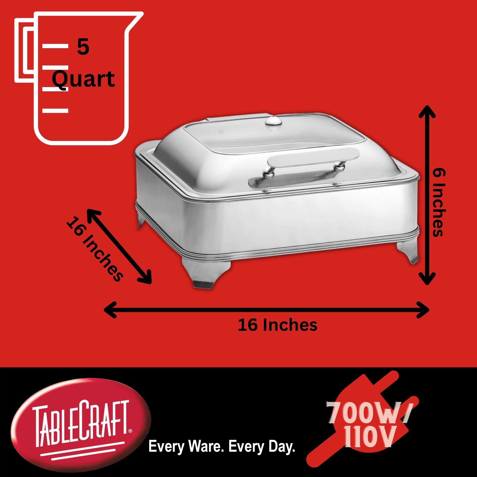 Tablecraft 5 Quart Electric Stainless Steel Chafing Dish Warmer - 700W 110V Commercial Buffet Server with Quick View Window & Slow Close Lid - Perfect for Restaurants, Catering, Banquets & Buffet Service