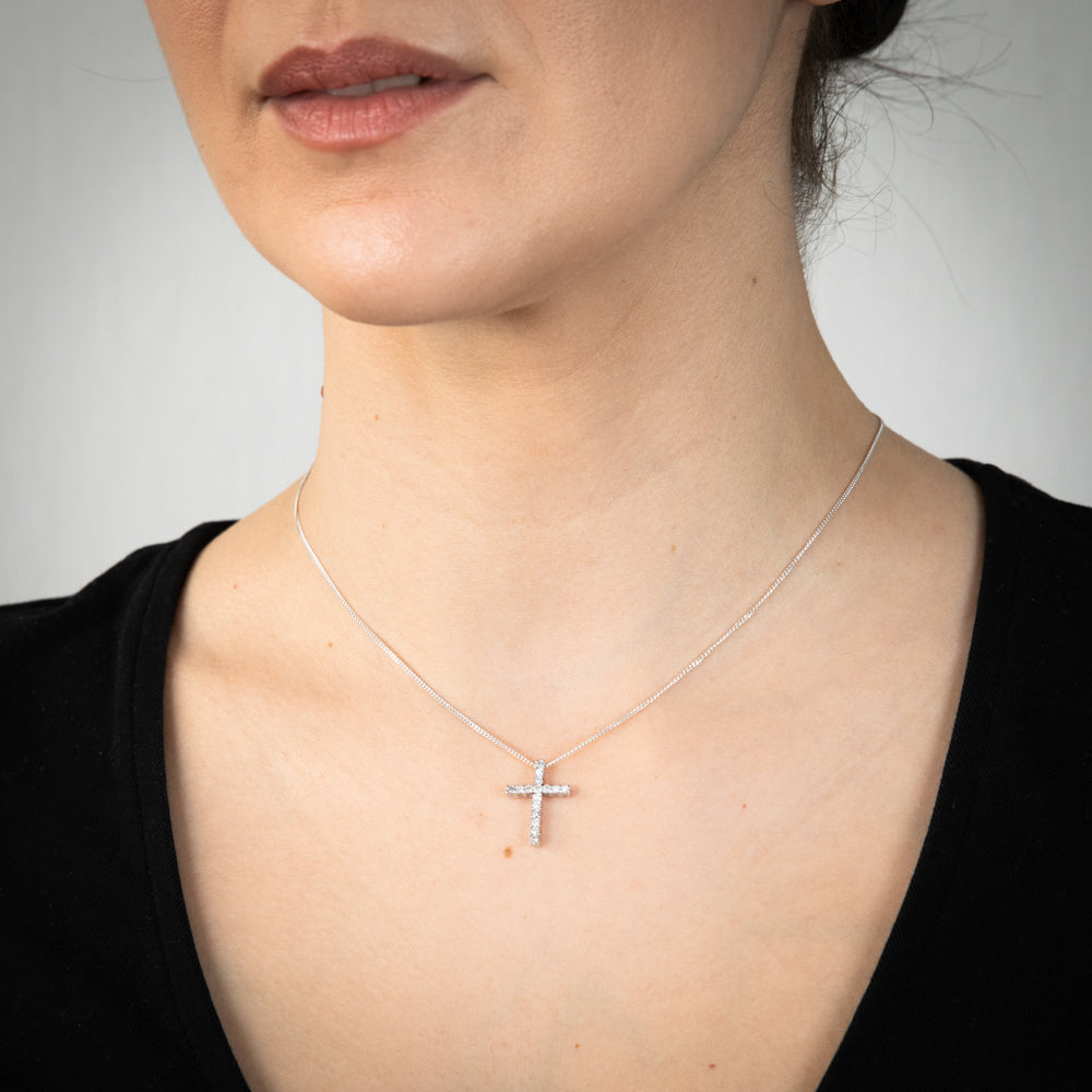 10ct White Gold Diamond Cross Pendant Set with Brilliant Cut Diamonds for Women - Elegant Religious Jewelry Gift for Baptism, Confirmation & Special Occasions