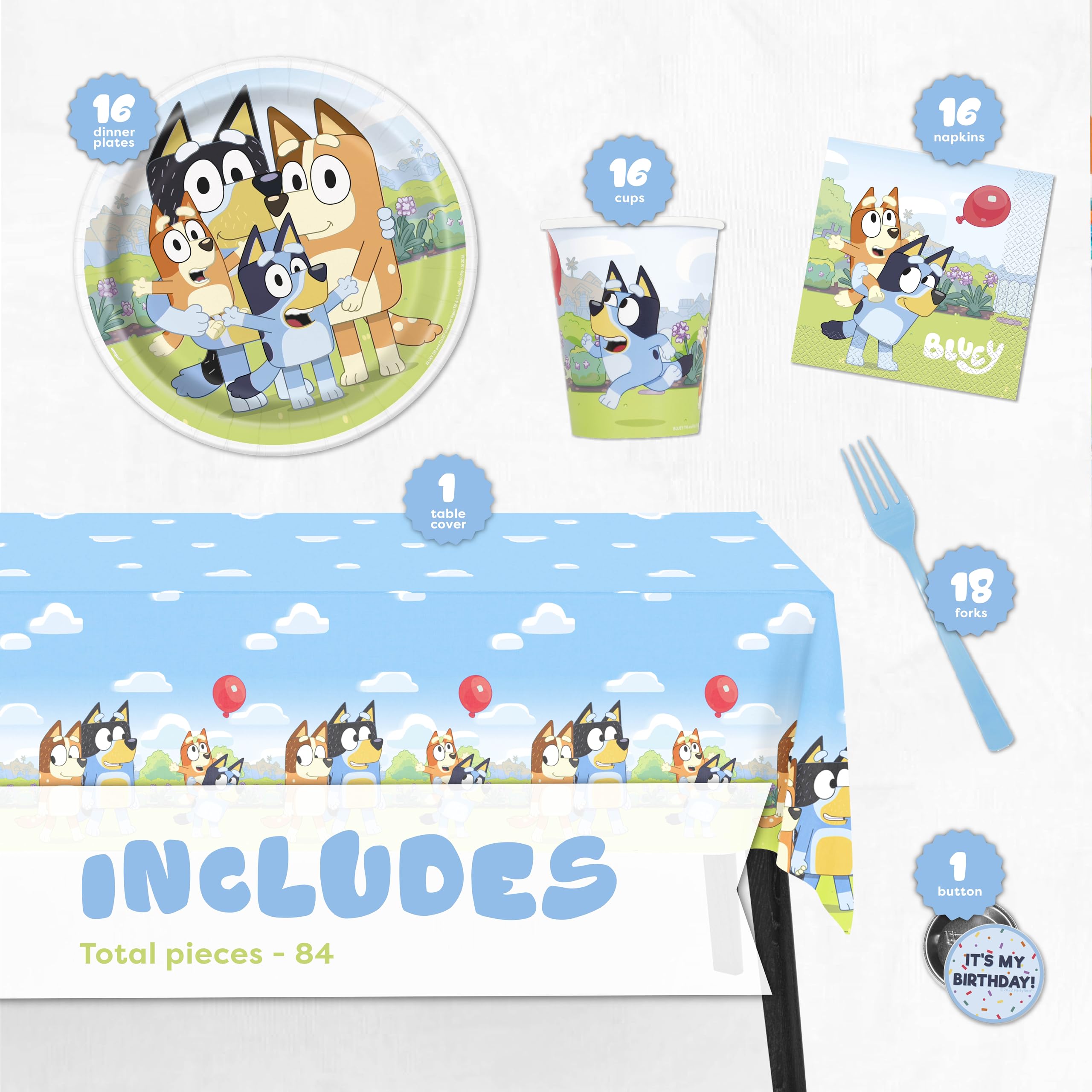 Bluey Birthday Party Decorations Set - Officially Licensed Tablecover, Plates, Cups, Napkins & Forks for 16 Guests | Unique Bluey Themed Party Supplies | Perfect for Kids Birthday Celebrations & Themed Events
