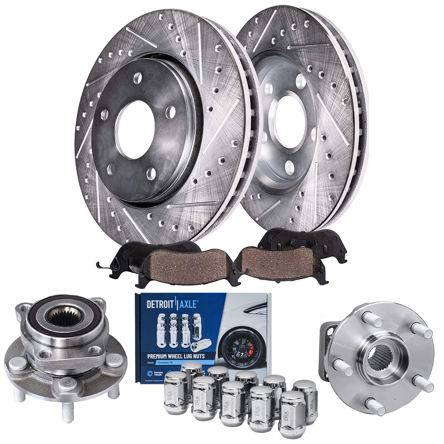 Detroit Axle Front Brake Kit for Subaru Impreza Forester XV Crosstrek - Drilled & Slotted Brake Rotors, Ceramic Brake Pads, Wheel Bearing Hubs & Lug Nuts Replacement | High Performance Braking System for City Driving & Mountain Roads