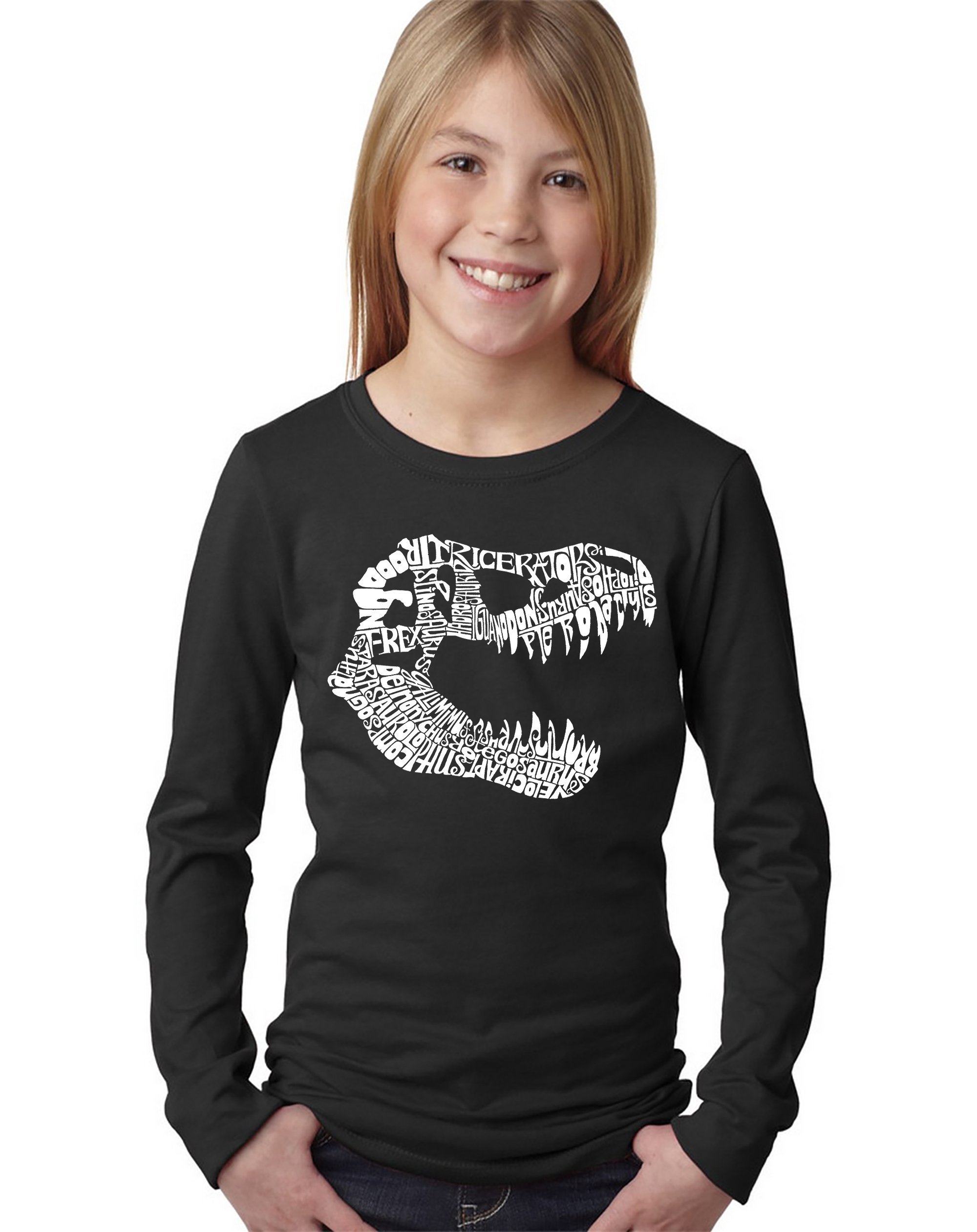 LA POP ART Girls' Long Sleeve Graphic T-Shirt with Dinosaur TREX Print - Cute Casual Tee for School, Playdates & Everyday Wear
