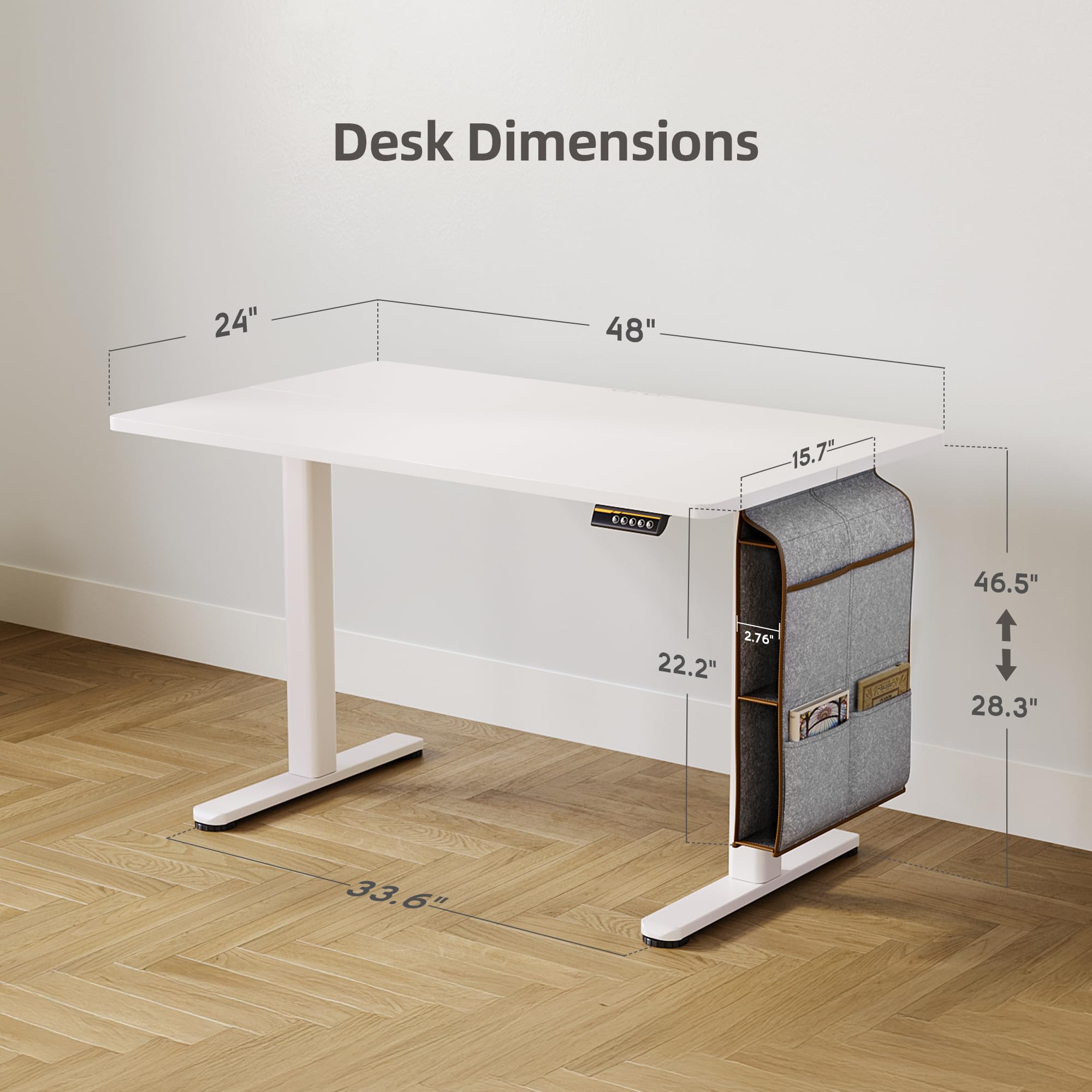 Claiks 48x24 Inch Electric Standing Desk - Adjustable Height, Spacious Storage Bag & Headphone Hook - White Sit Stand Desk for Home Office, Gaming & Study Workstation - Perfect for Remote Work & Ergonomic Workspaces