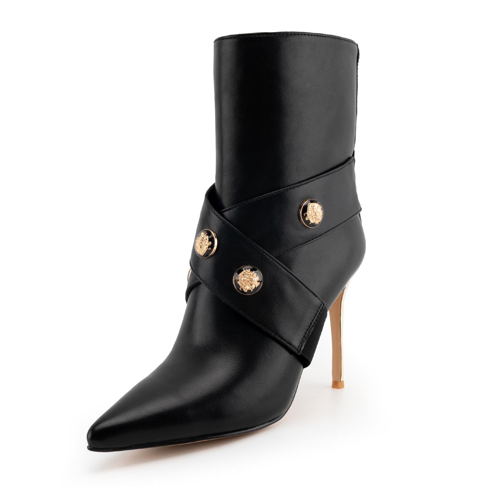 Women's Sexy Black Ankle Booties with Buckle Strap, Pointed Toe & Front Zipper - Stiletto High Heel Short Boots for Night Out, Party & Office Wear
