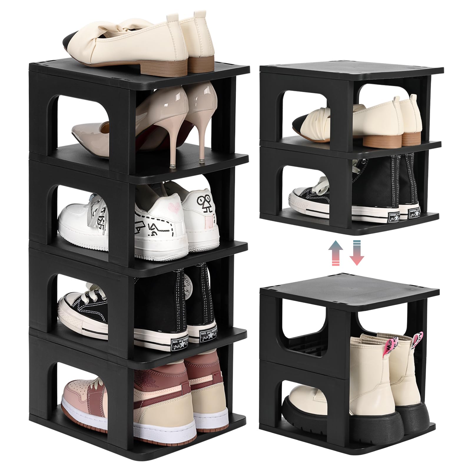 TRZZ 5-Tier Vertical Shoe Rack Organizer - Space Saving Stackable Shoe Storage with Removable Partitions for Closet, Entryway & Small Spaces - Perfect for Apartments, Dorms & Tiny Homes (Black)