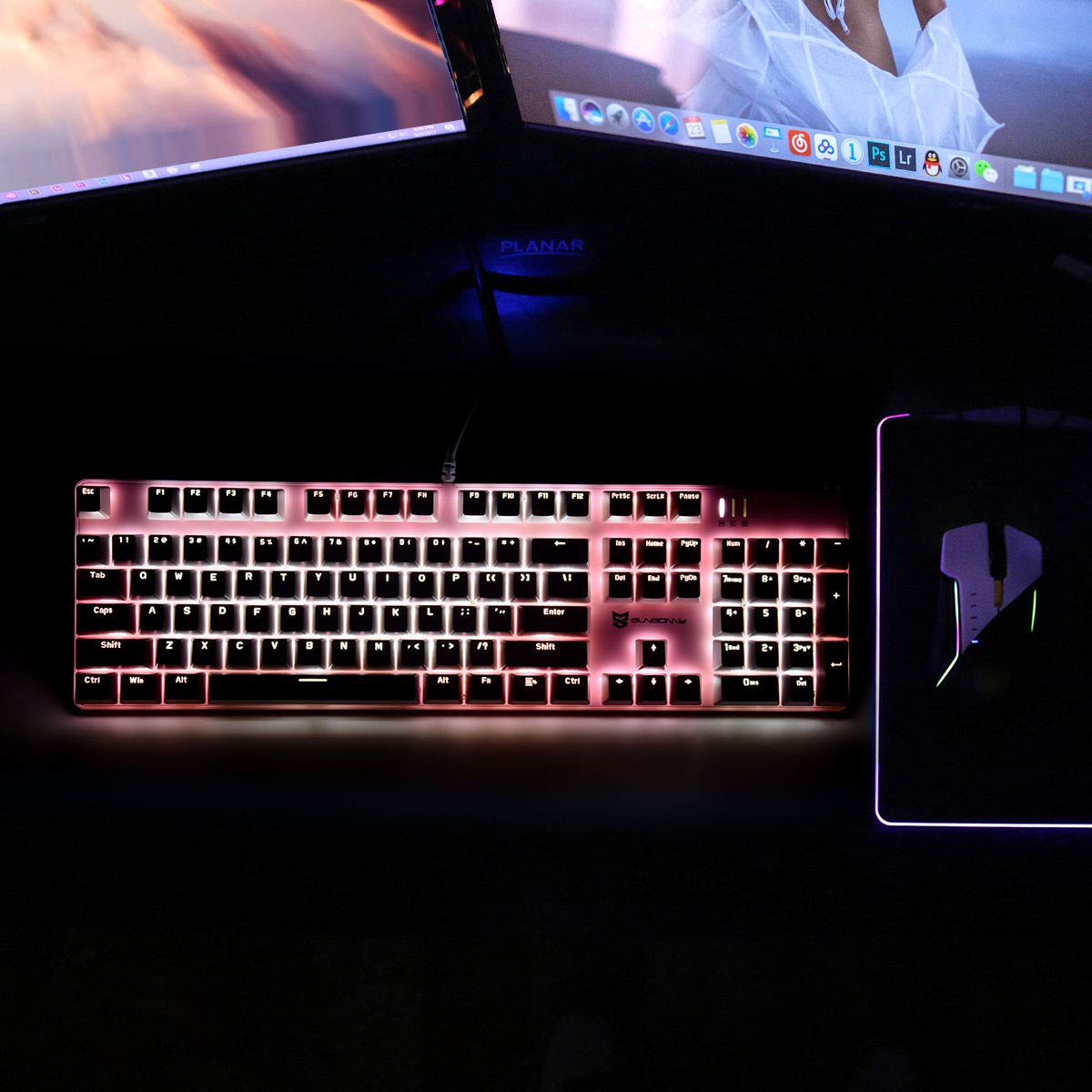 Qisan Mechanical Gaming Keyboard - Wired LED Backlit Keyboard (Pink & White) - 104 Key US Layout with Detachable Wrist Rest & Brown Switches - Perfect for PC Gaming, Typing & Office Work