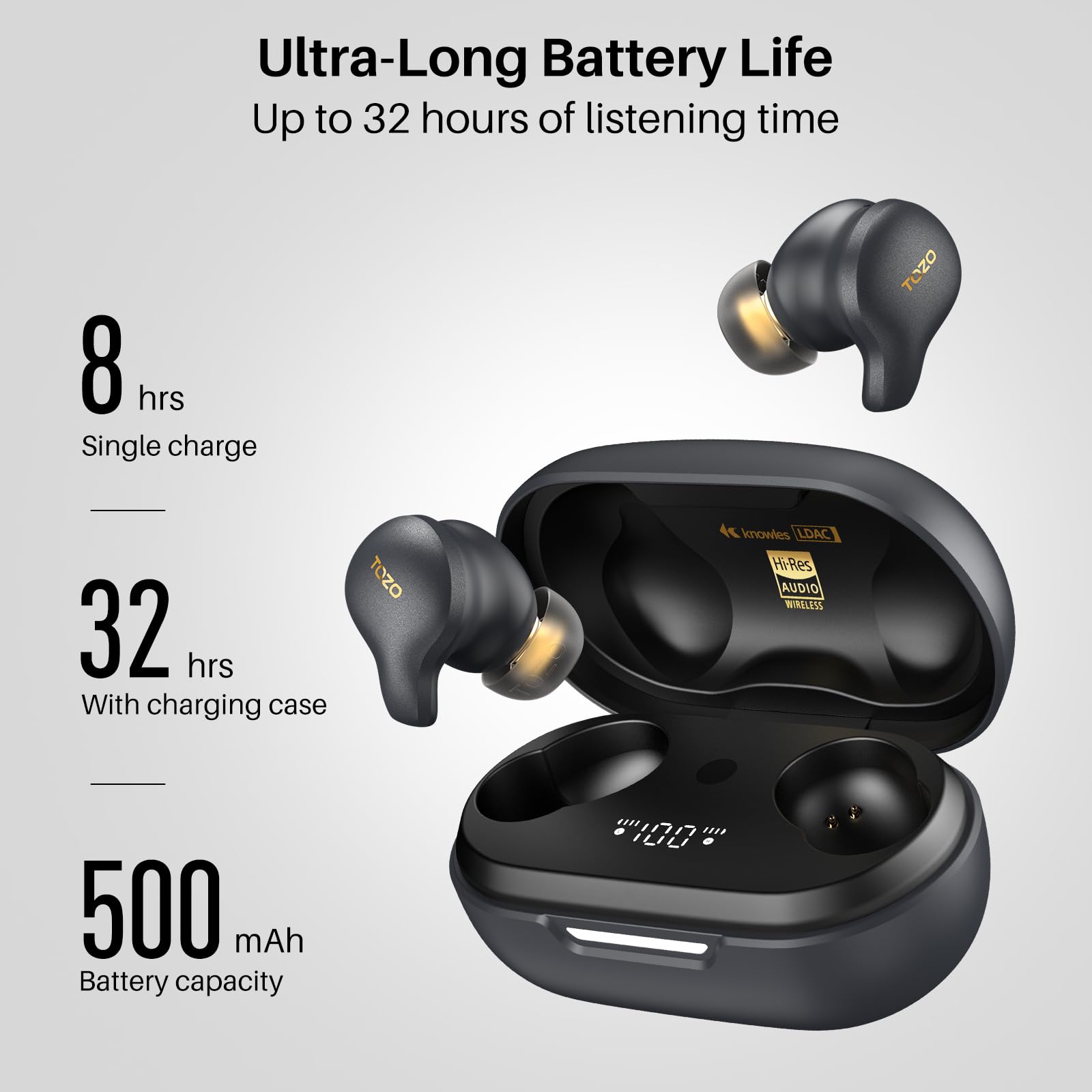TOZO Golden X1 Wireless Earbuds with Balanced Armature & Hybrid Dynamic Drivers - HiFi Sound, Bluetooth 5.3, IPX8 Waterproof, 45H Playtime - Perfect for Gym, Running, Travel & Work (Renewed)