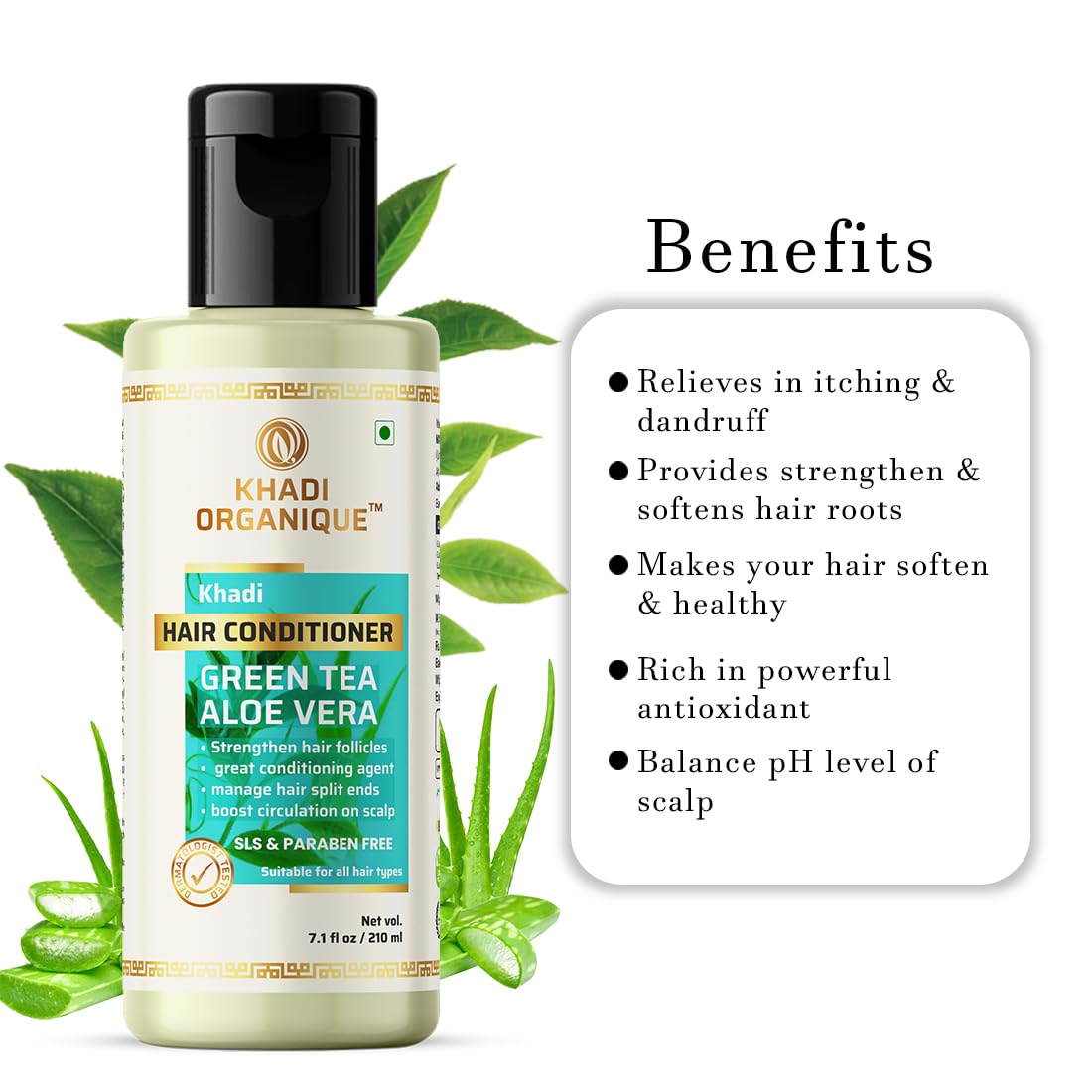 Organic Green Tea & Aloe Vera Hair Conditioner - Strengthening & Nourishing Treatment for Healthy Hair (Paraben Free, Mineral Oil Free) 210ml - Perfect for Dry, Damaged Hair & Daily Hydration