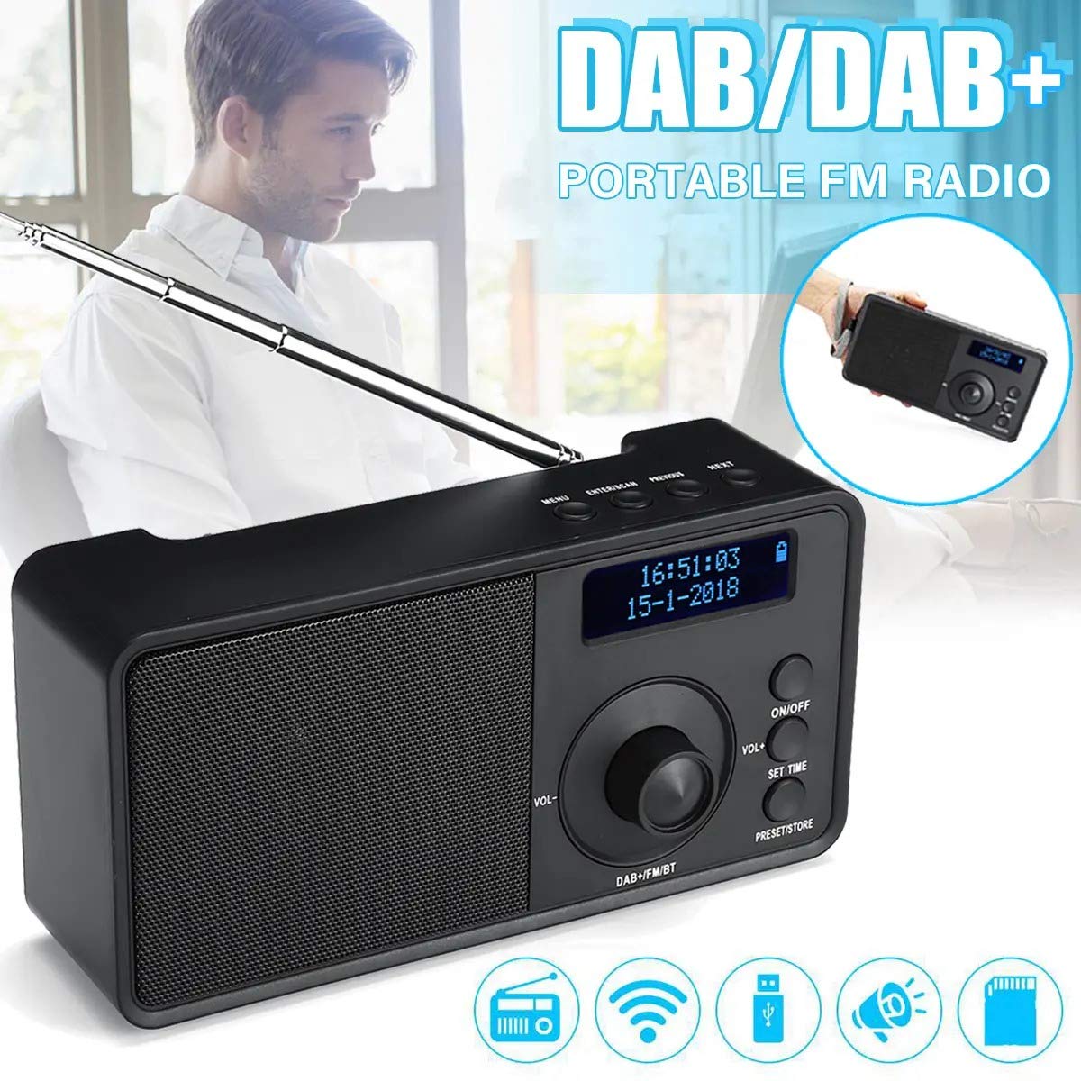 Portable Bluetooth Speaker with Digital Radio, LCD Display, FM, AUX, Alarm Clock - Wireless Stereo Sound for Outdoor, Travel, Home & Office Use