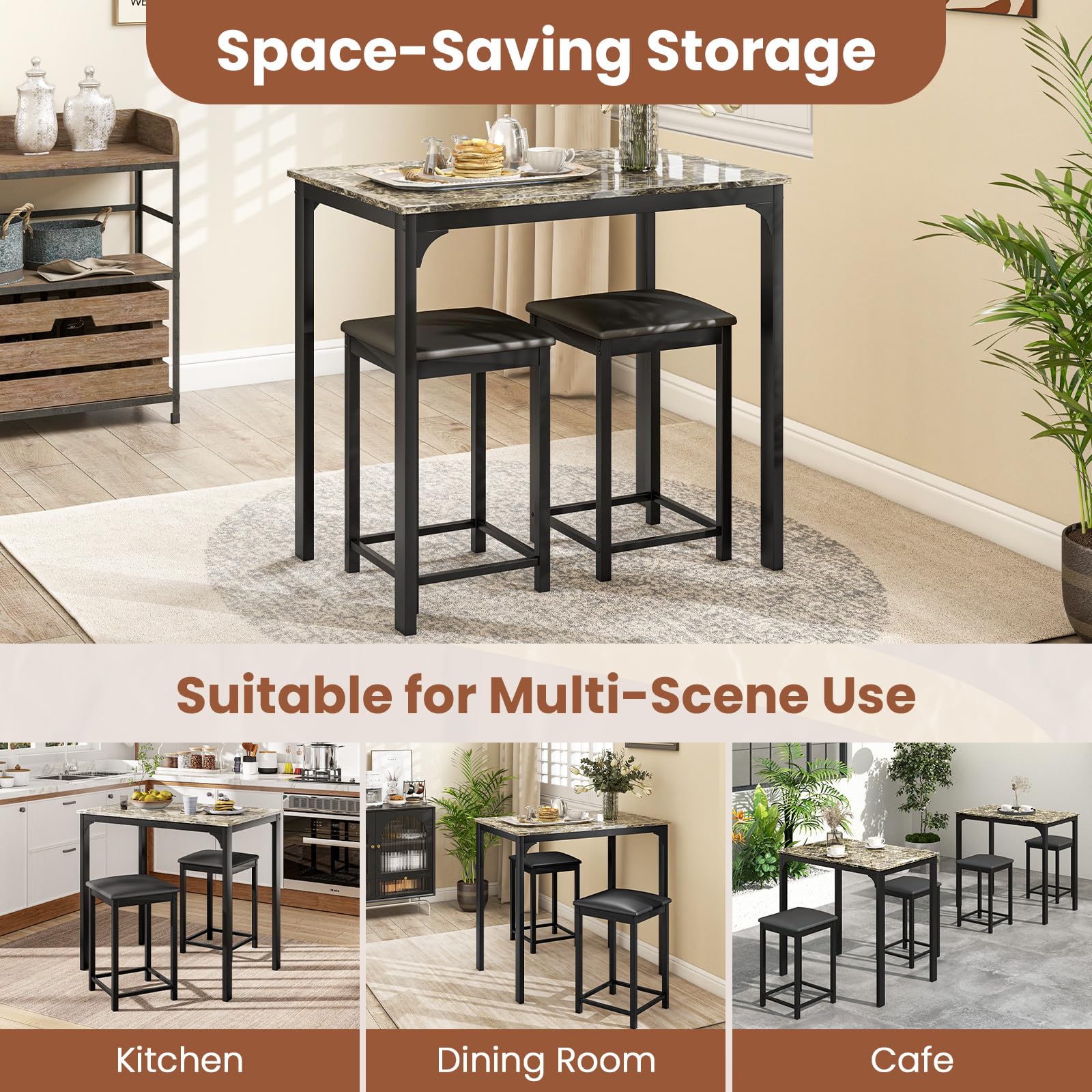 Giantex 3-Piece Dining Table Set with Faux Marble Tabletop & 2 Chairs - Modern Kitchen Table for Small Spaces, Breakfast Nook, Apartment, Restaurant, or Cafe (Beige & Black) - Perfect for Home, Office, and Commercial Use