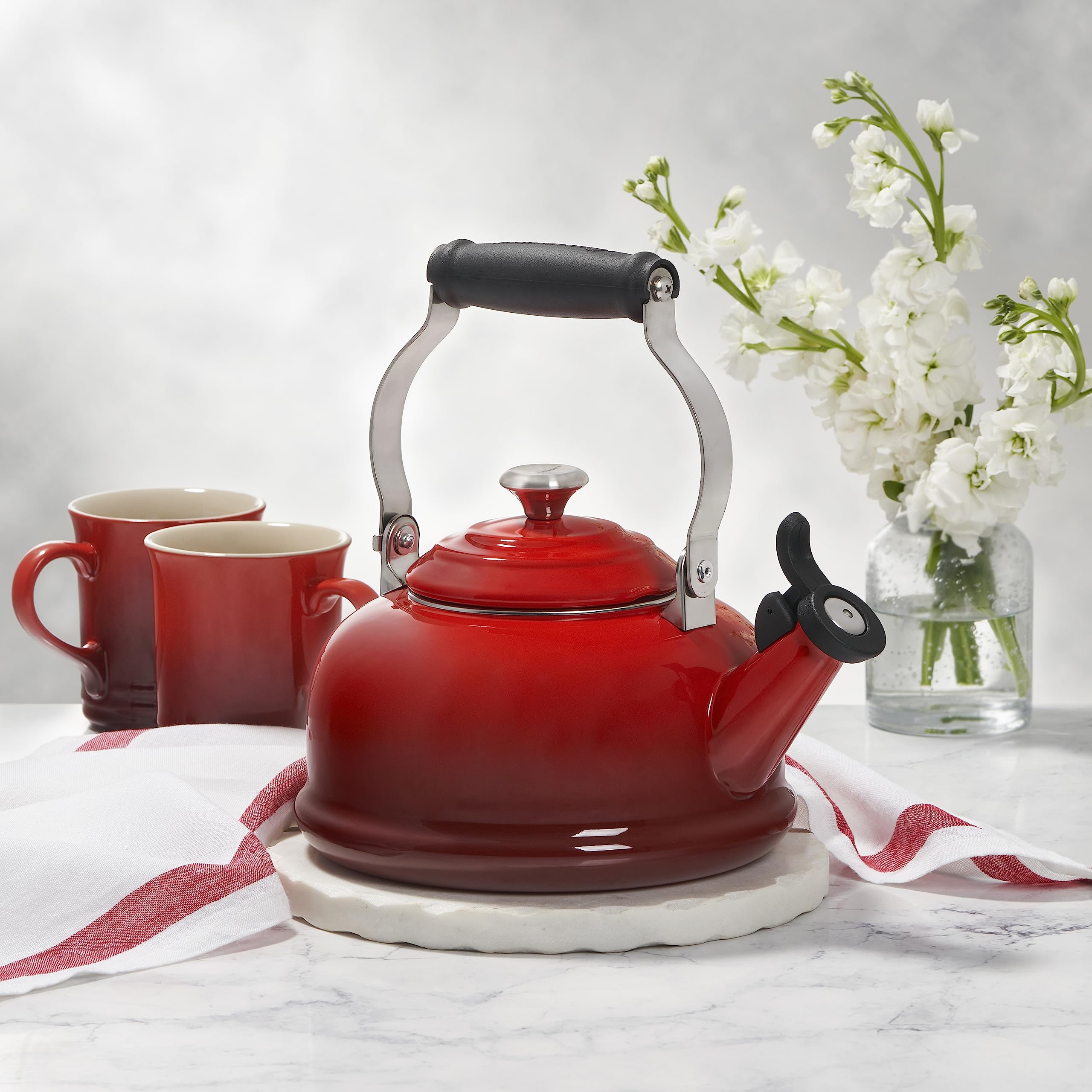 Le Creuset 1.7 Quart Enameled Steel Whistling Tea Kettle with Metal Handle - Cherry Red | Perfect for Stovetop Brewing, Kitchen Decor & Gift Giving