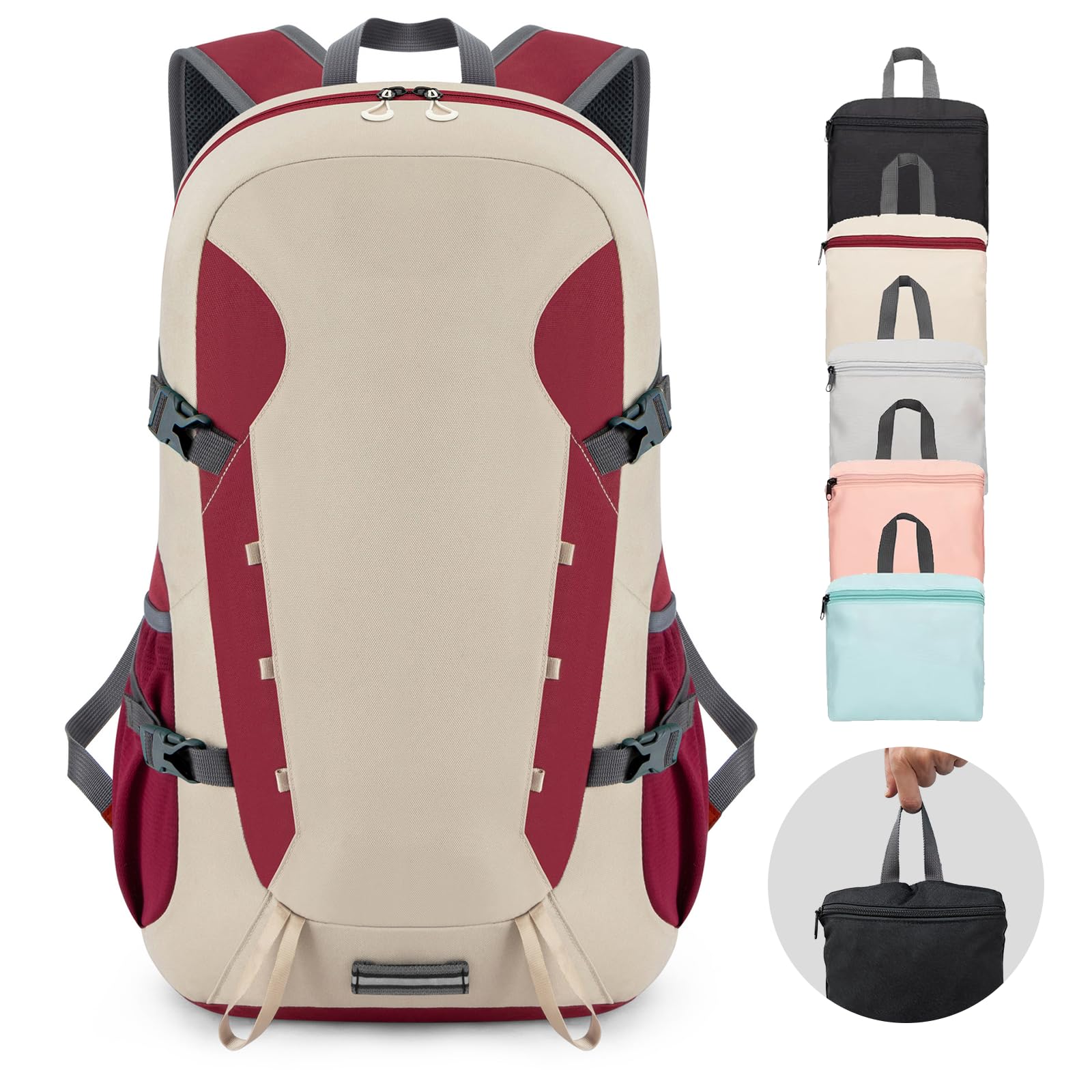 40L Water Resistant Hiking Backpack - Ultra Lightweight Foldable Travel Backpack for Men & Women - Perfect for Camping, Day Trips and Outdoor Adventures (Beige/Red)