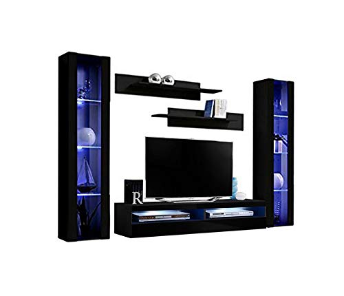Modern Black Wall-Mounted TV Stand with Storage Shelves & LED Lights - 35