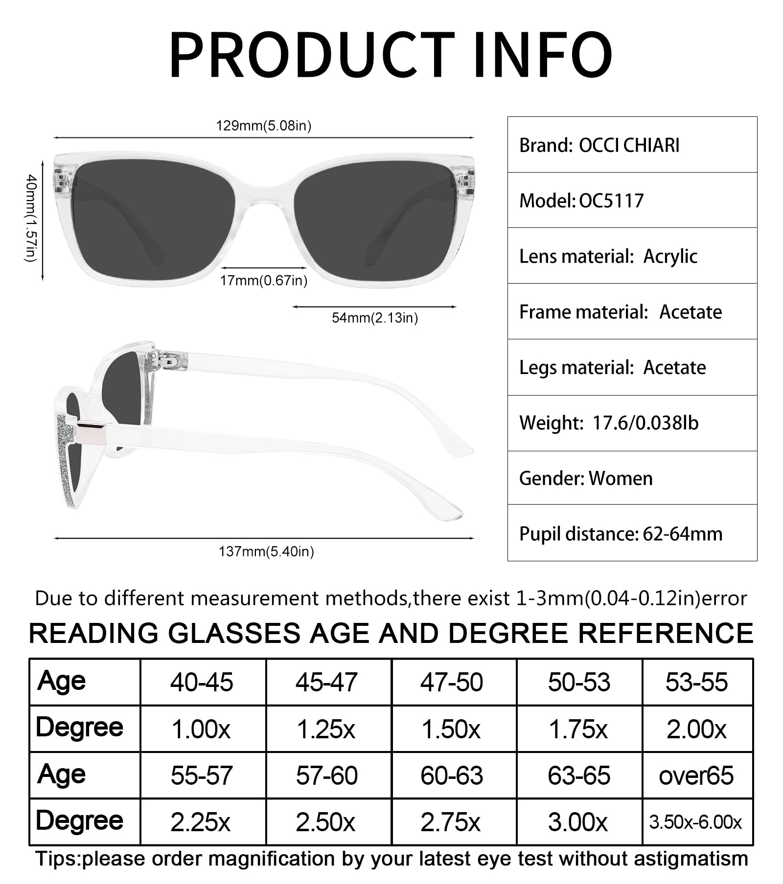 OCCI CHIARI Women's Oversized Blue Light Blocking Sunglasses UV400 Protection (1.0-3.5 Strength) for Reading, Driving & Outdoor Activities