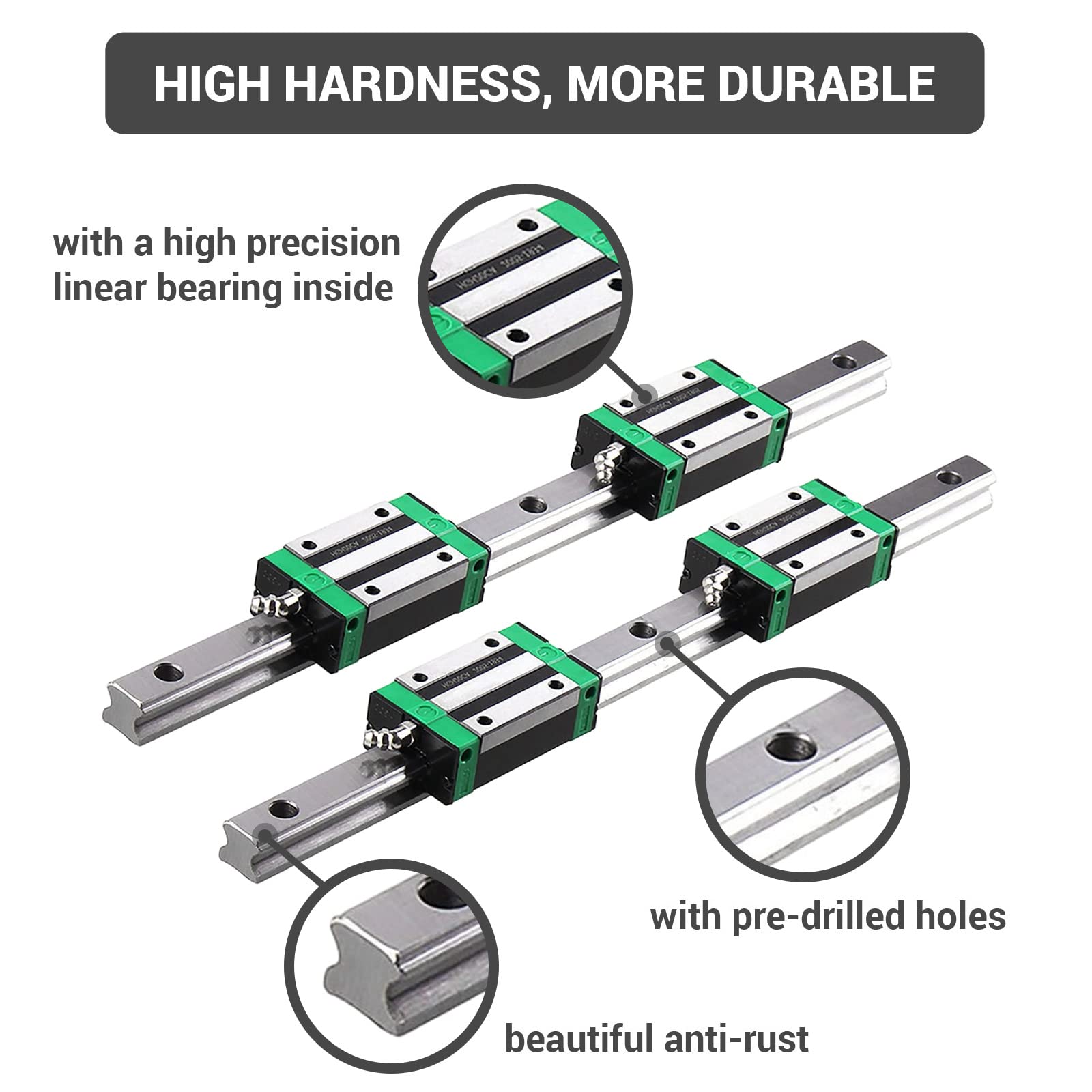 HGR20 1500mm Linear Guide Rail Kit (2PCS) with HGH20CA Carriage (4PCS) - Includes Wrench, Plastic Dust Caps & Screws for CNC Routers, Lathes, Mills & 3D Printers | Perfect for DIY CNC Machine Building & Precision Motion Control Projects