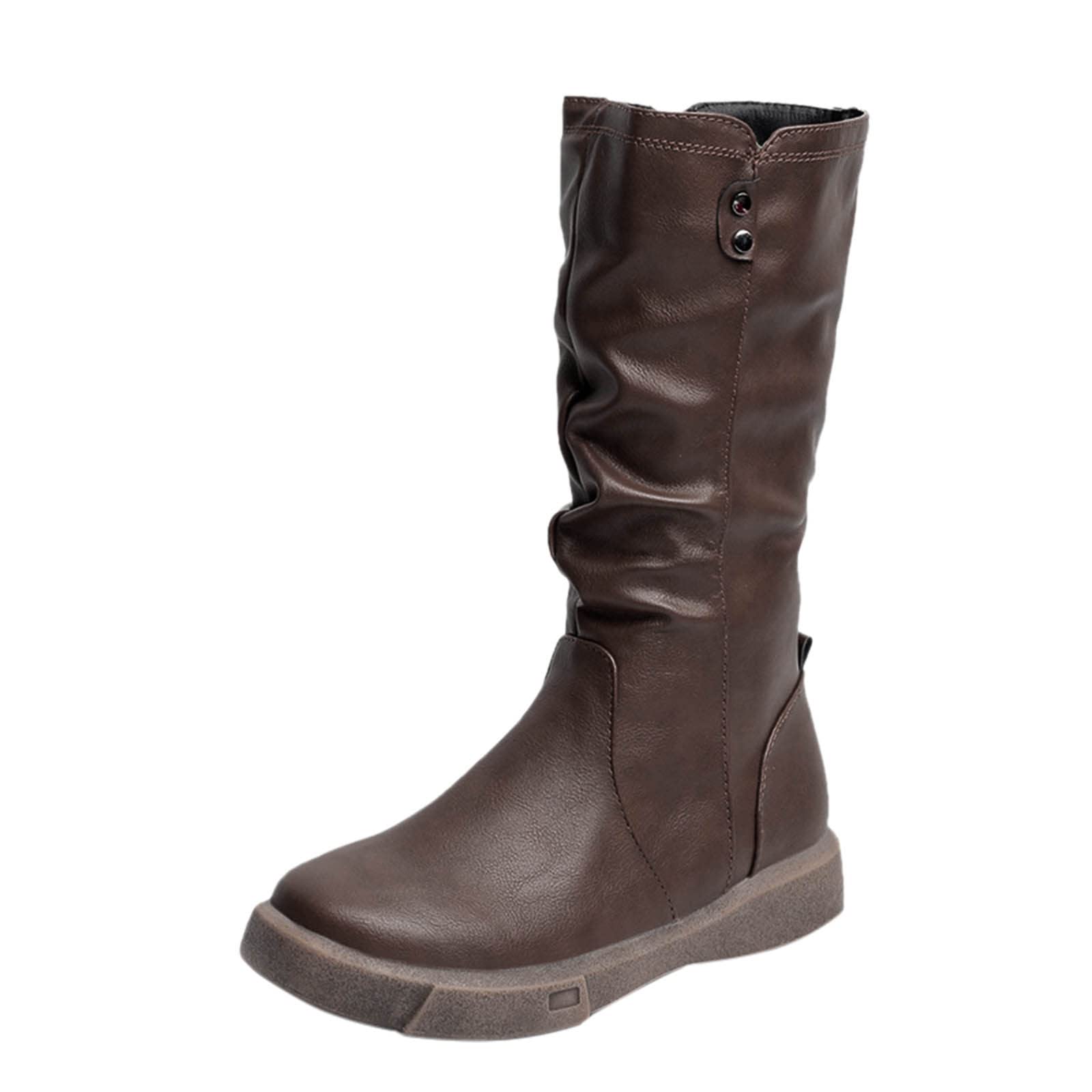 **Women's Mid-Calf Combat Boots - Chunky Round Toe, Thick Sole, Side Zipper, Solid Color Fashion Boots for Casual Wear & Outdoor Activities**
