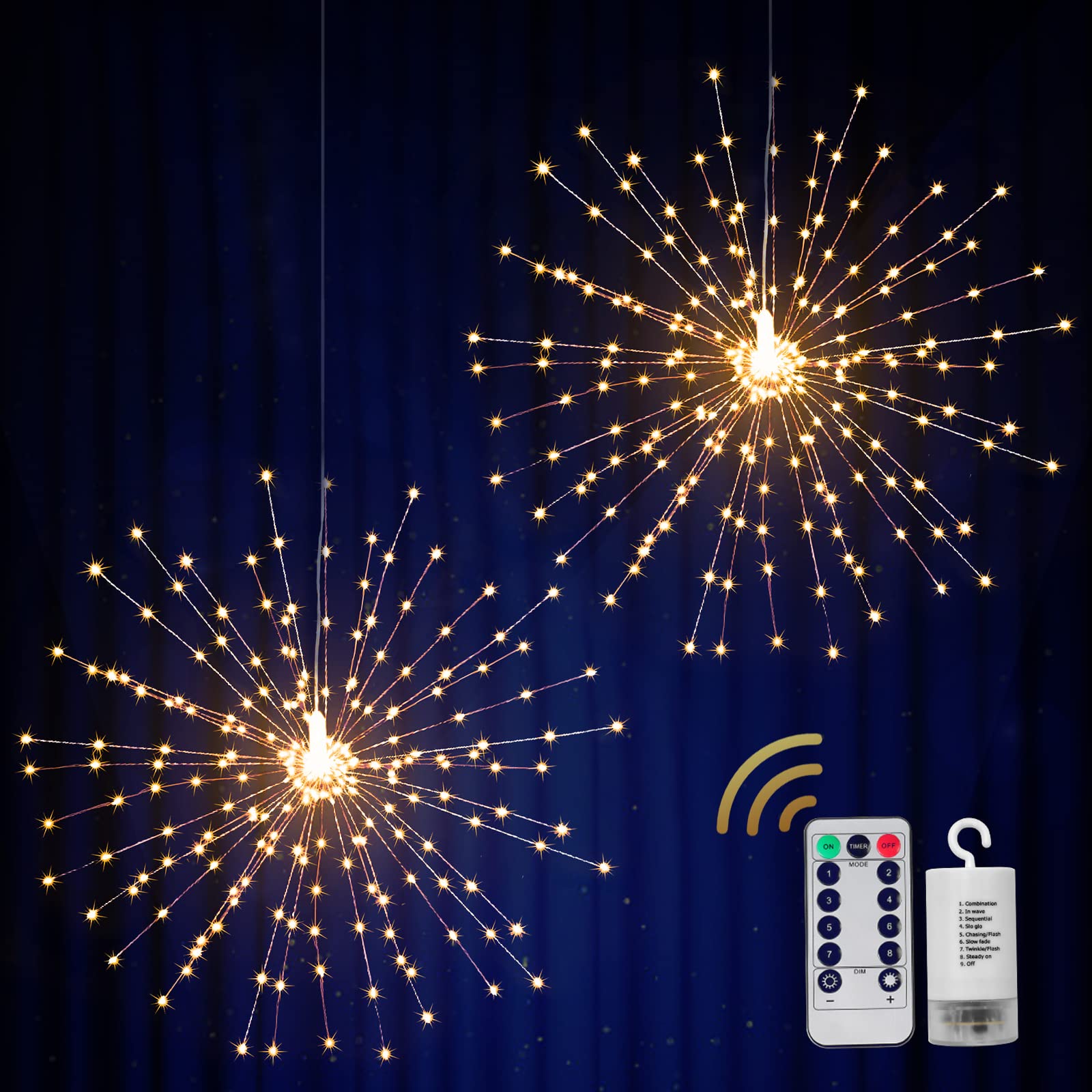 2 Pack 200 LED Christmas Outdoor Lights - Battery Powered Fireworks Lantern Chandelier with Remote Control, Waterproof Fairy String Lights for Tree, Patio, Gazebo, Tent, Bedroom, Wedding & Party Decorations - Perfect for Holiday, Garden and Indoor/Outdoor Decor