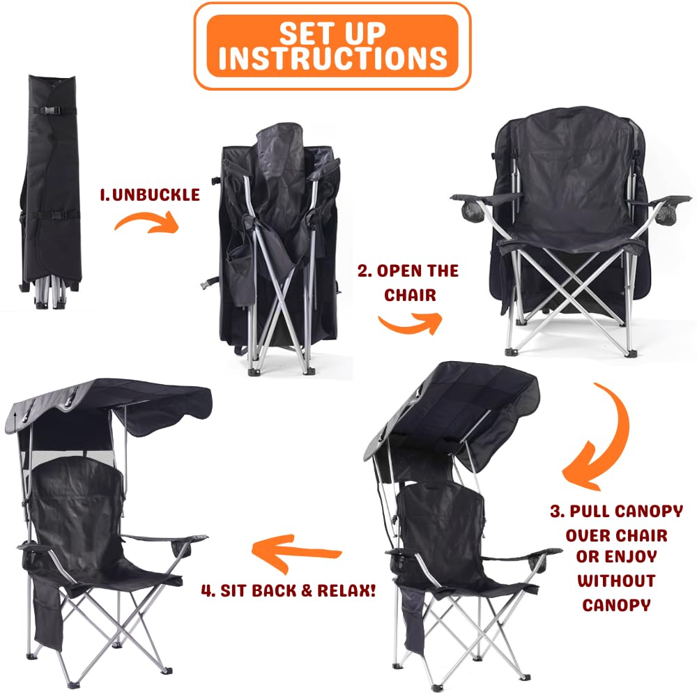 CozyBox Portable Folding Camping Chair with Canopy Shade - Heavy Duty 600D Oxford Fabric Beach Chair for Adults - Weather Resistant Outdoor Lounge Chair for Camping, Beach, Picnics & Backyard Relaxation [Green]