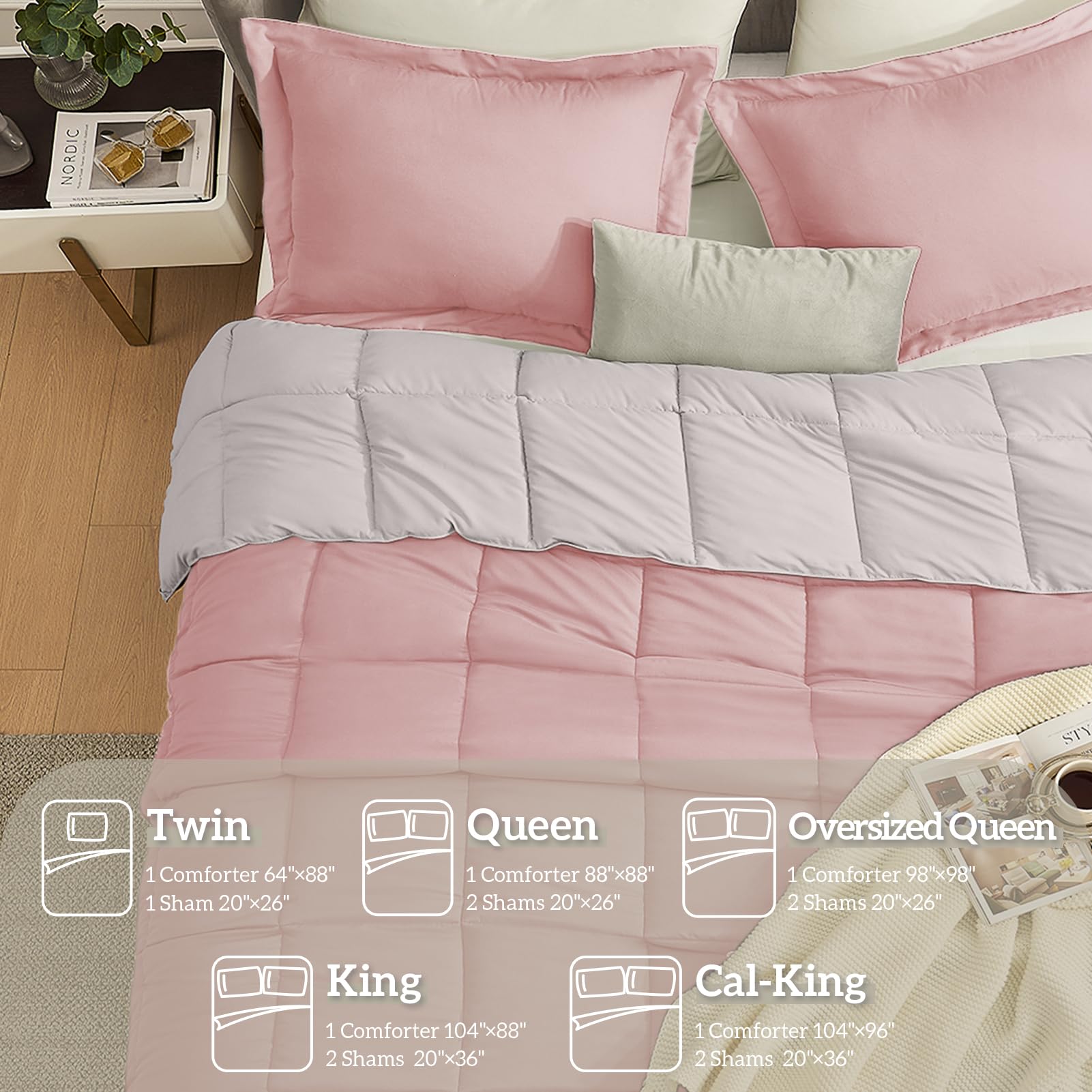 Homelike Moment King Size Comforter Set - Lightweight Reversible Down Alternative Bedding in Pink & Grey | 3-Piece All Season King Bed Set with 2 Shams | Perfect for Master Bedrooms, Guest Rooms & Cozy Home Decor