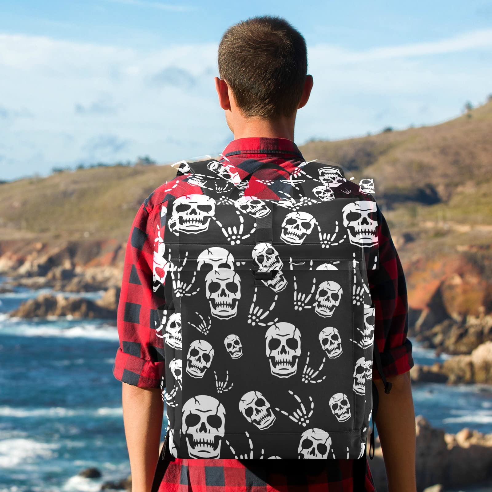 Gothic Skeleton Roll Top Backpack for Men - Expandable Waterproof Laptop Backpack with USB Charging Port - Perfect for Travel, Work, College & Daily Commute