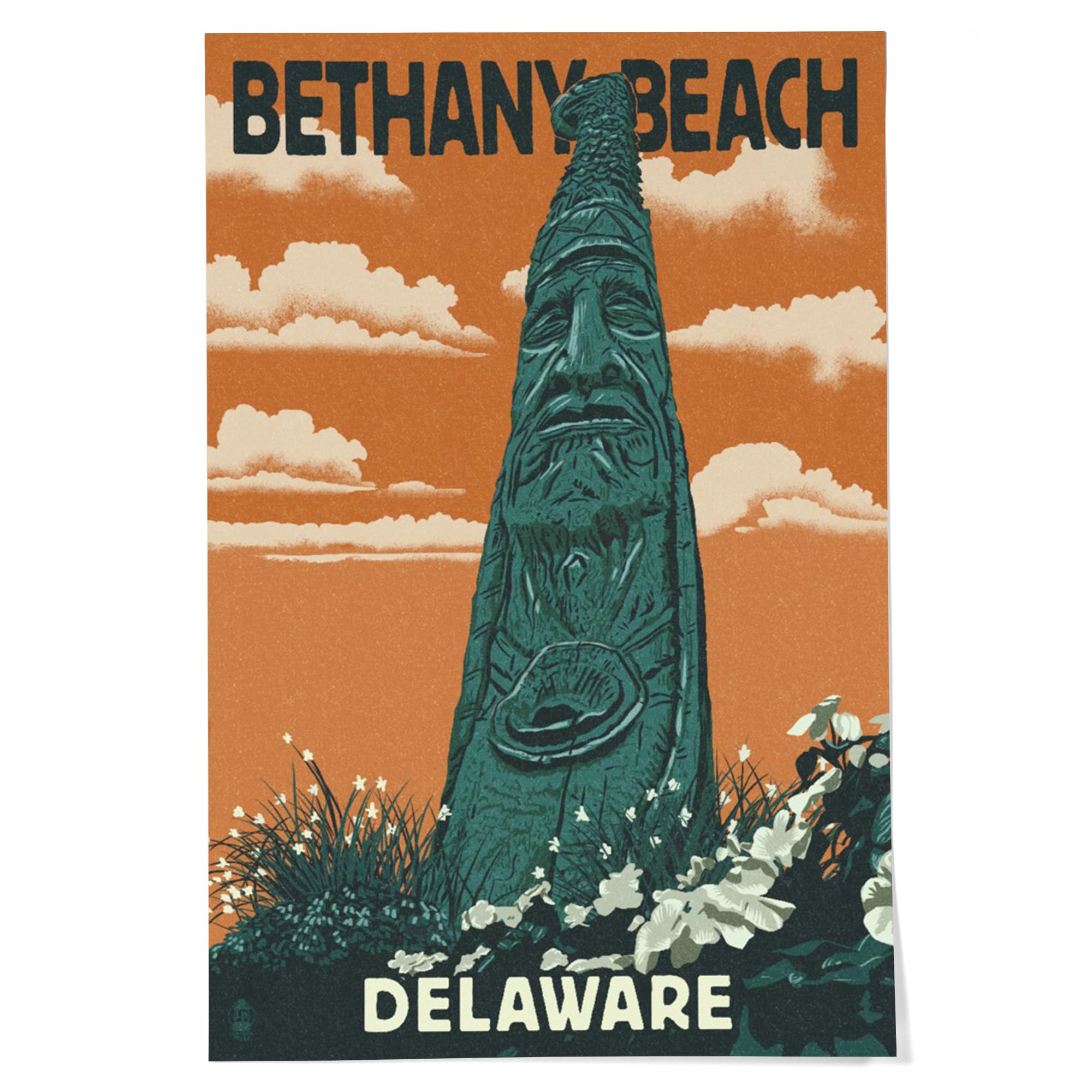 Lantern Press 24x36 Inch Giclee Art Print - Bethany Beach Delaware Totem Pole Letterpress Wall Decor | Coastal Home & Office Artwork for Living Room, Bedroom or Beach House