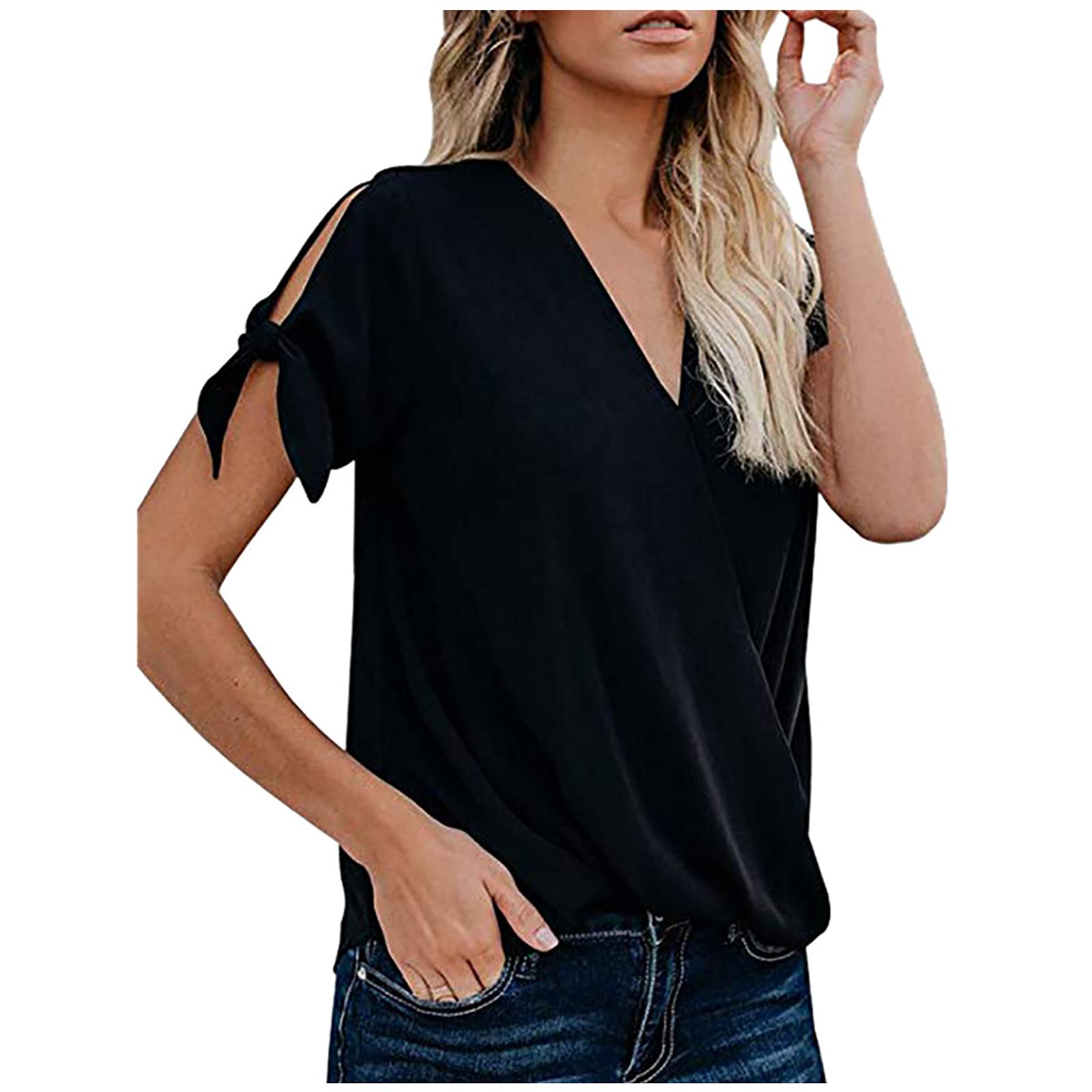 Bidobibo Women's Summer Sleeveless V-Neck Casual T-Shirts - Floral Print Chiffon Blouse, Loose Fit Wrap Top for Beach, Vacation & Everyday Wear