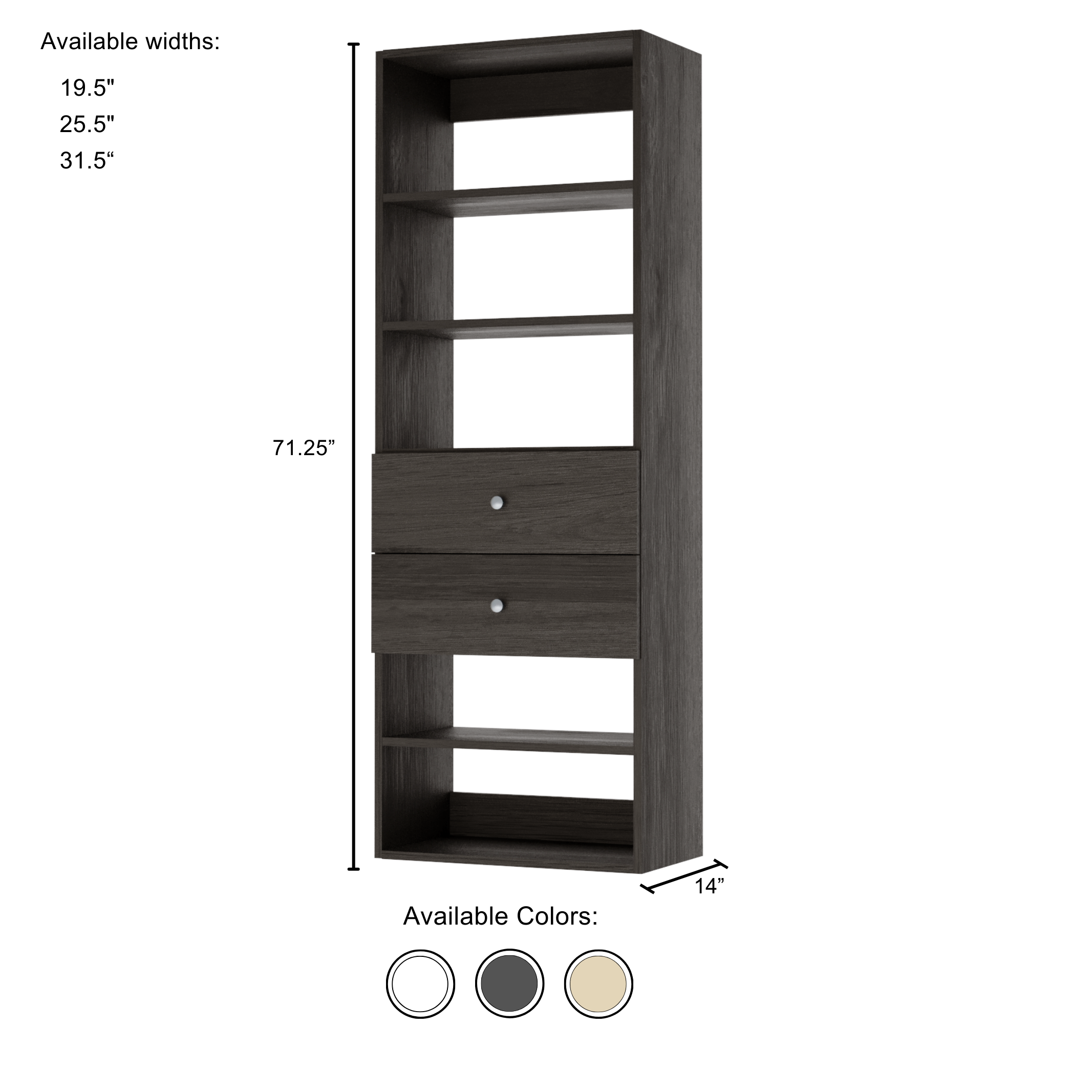 Vista 2 Drawer Shelf Tower - Space Saving Storage Organizer for Bedroom, Office & Closet | Modern Multi-Purpose Shelving Unit with Drawers for Home Organization