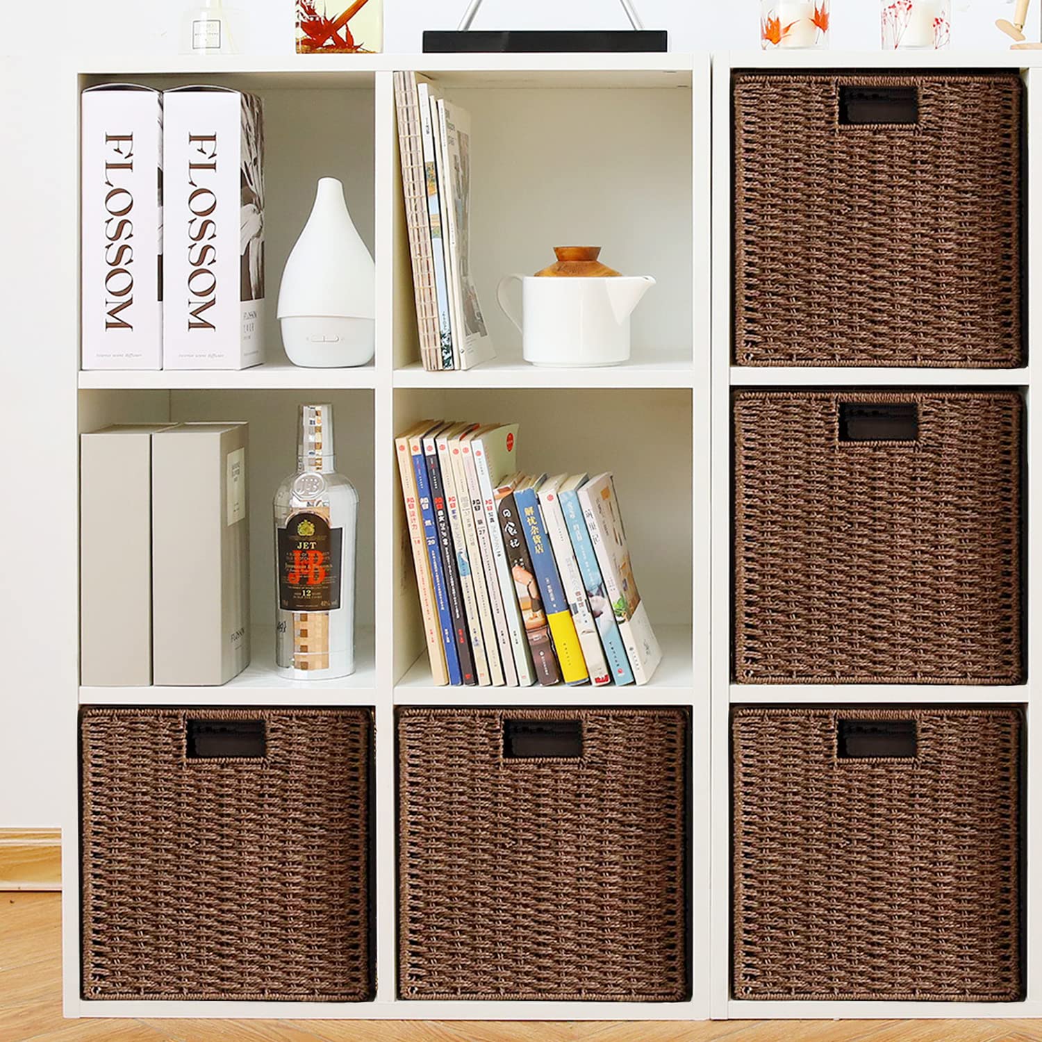 Vagusicc Wicker Storage Basket Set of 2 - Hand-Woven Foldable Cube Bins with Handles for Shelves - 9 Inch Small Woven Baskets for Pantry, Bedroom & Home Organization - Brown - Perfect for Closet Storage, Laundry Room & Nursery Decor