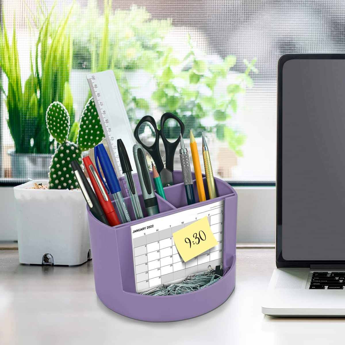 Acrimet Compact Desktop Organizer - 4 Spacious Slots Round Pencil Holder with Photo Slot | Office Supplies, Art & Vanity Storage | Home & Desk Organization (Solid Purple Plastic) | Perfect for Pens, Makeup Brushes, Stationery & Family Photos