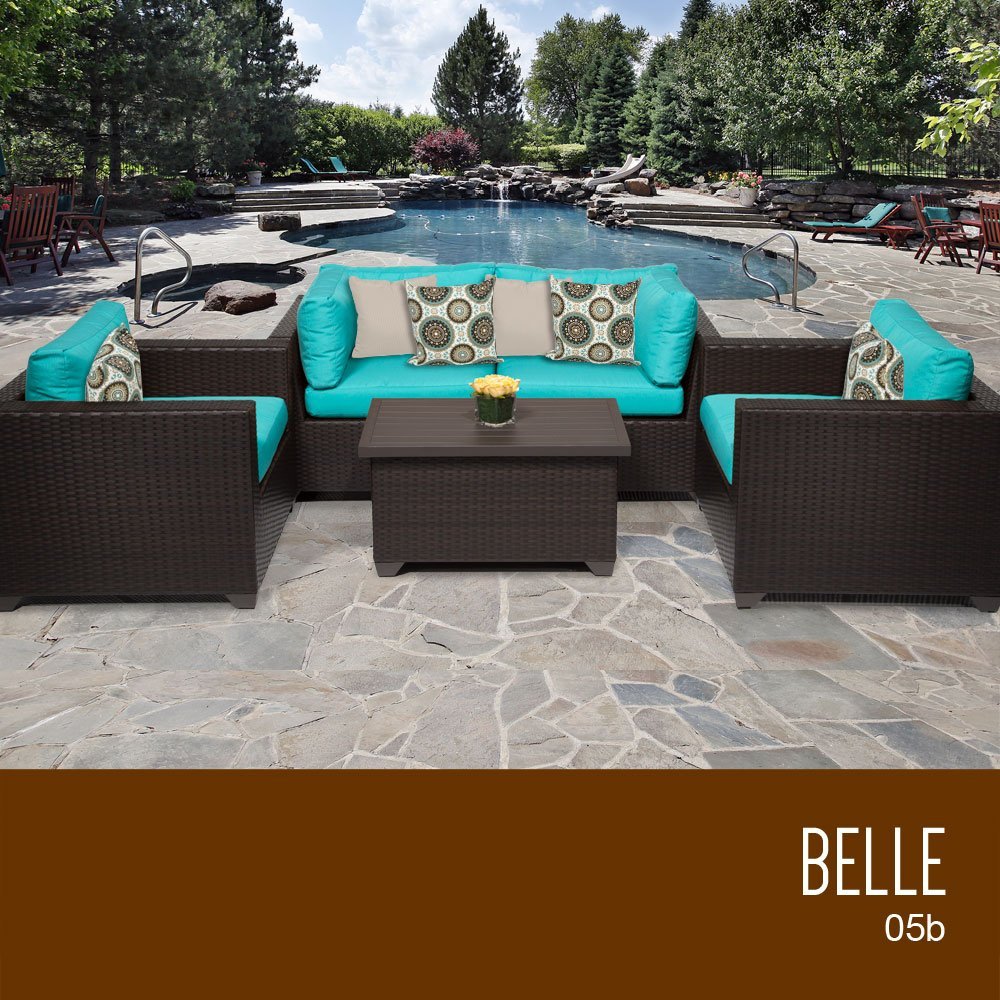 TK Classics Belle 5-Piece Outdoor Wicker Patio Furniture Set - Rattan Sofa, Loveseat, Coffee Table & 2 Chairs - Weather-Resistant for Garden, Poolside & Backyard Relaxation