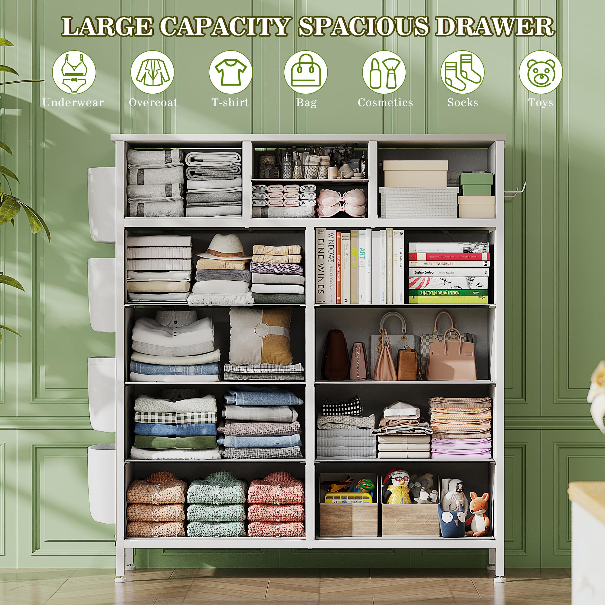 Lulive 12-Drawer Tall Dresser for Bedroom - Fabric Storage Tower with Side Pockets & Hooks - White Chest of Drawers for Closet Organization, Hallway Storage & Living Room Decor