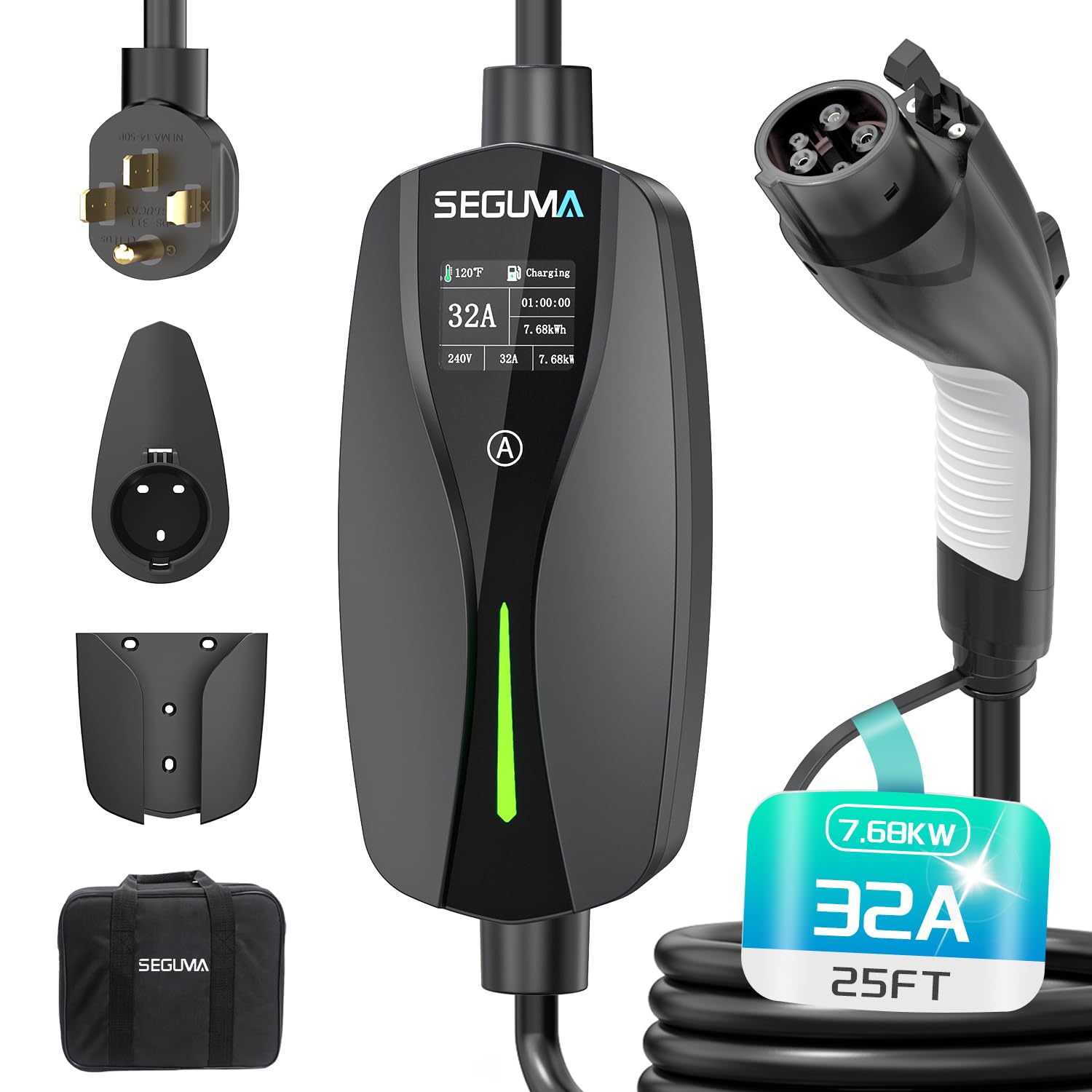 Level 2 EV Charger 32A 240V with NEMA 14-50 Plug | Portable SAE J1772 Electric Vehicle Charger | 25ft Extension Cord | Adjustable Current | Home & Outdoor Charging Station | Perfect for Tesla, Chevy, Nissan EVs