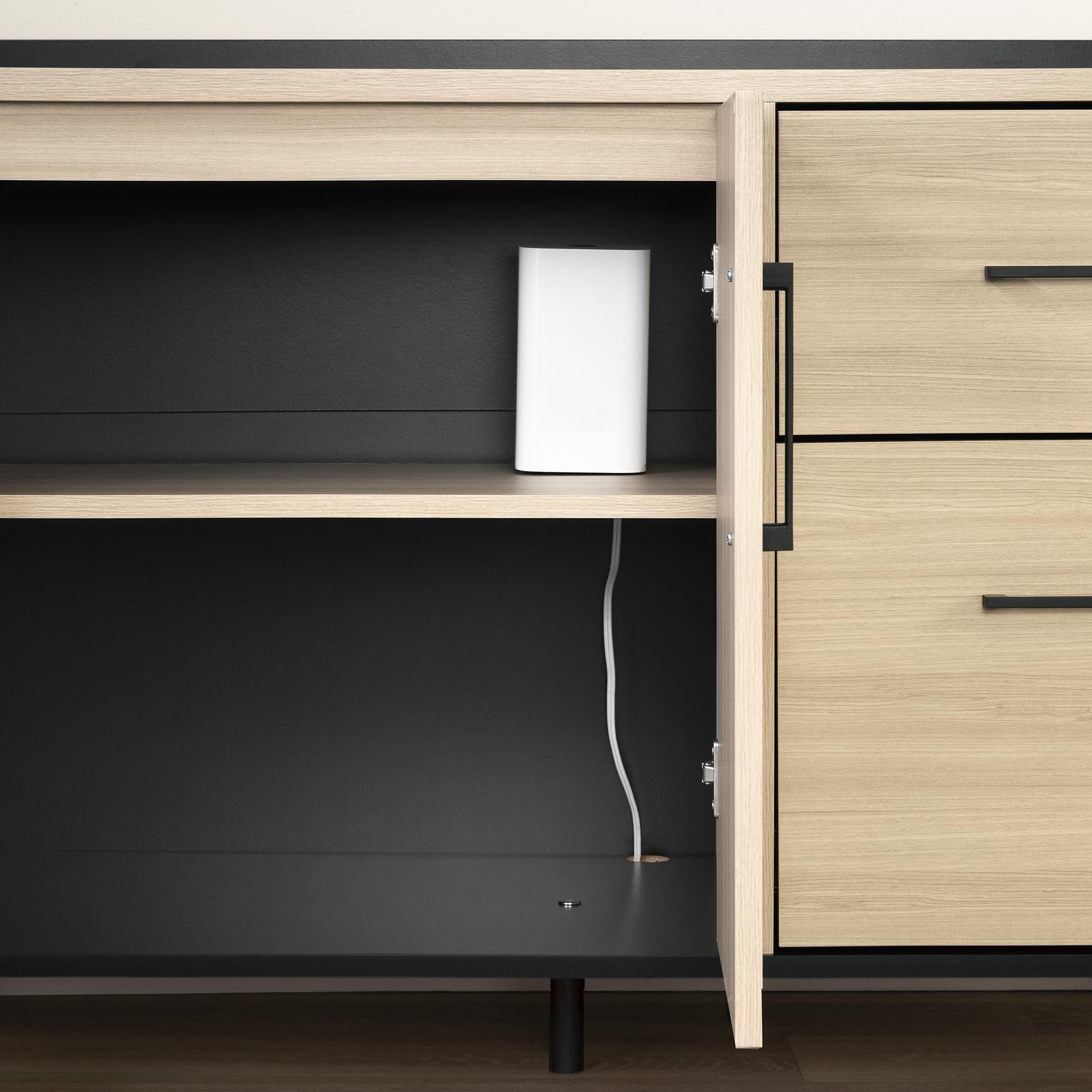 South Shore Kozack 2-Drawer Credenza with Doors in Soft Elm & Matte Black - Stylish Storage Solution for Home Office, Living Room or Bedroom