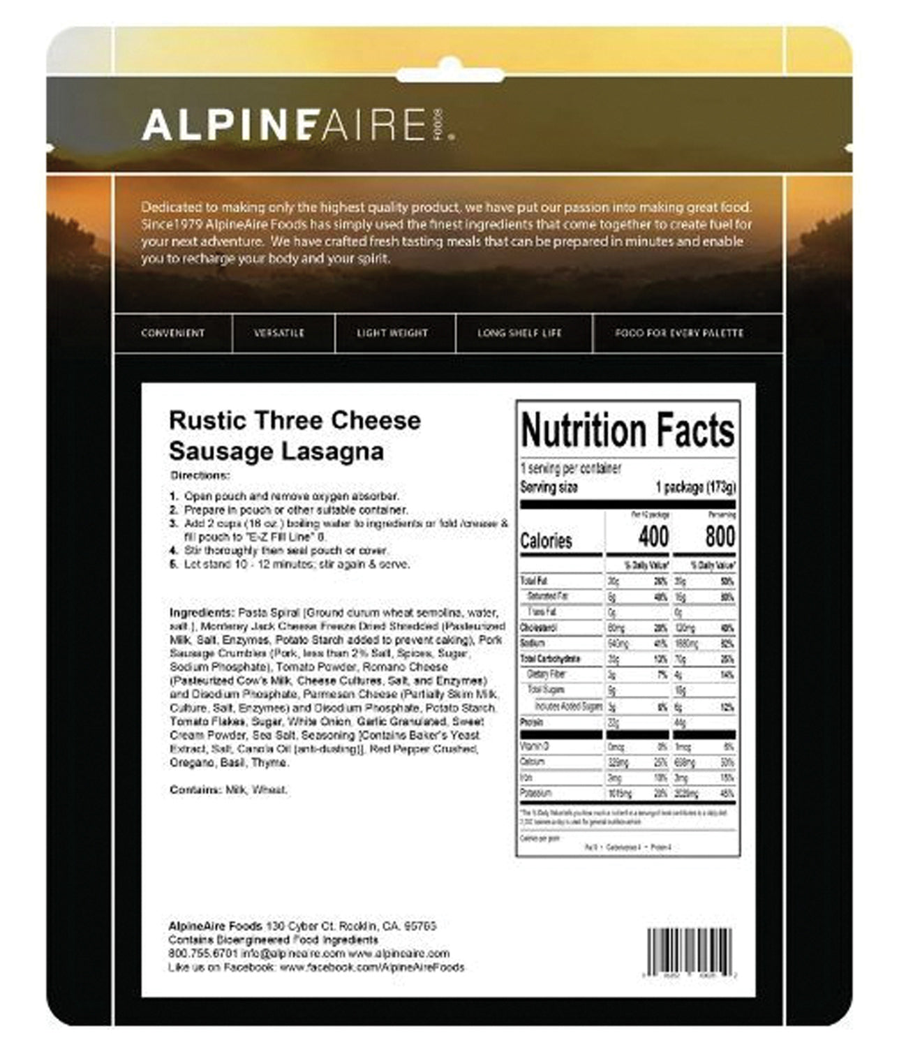 Alpine Aire Three Cheese Sausage Lasagna - Freeze Dried Backpacking Meal | High Protein Camping Food for Hiking, Backpacking & Emergency Preparedness | Perfect for Outdoor Adventures & Survival Kits