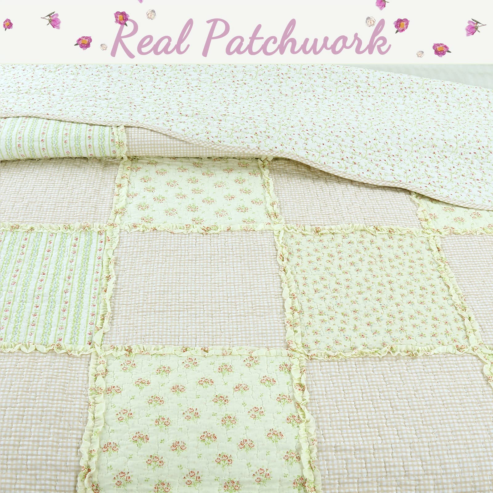 Cozy Line Home Fashions Sweet Light Peachy Pink Floral 3-Piece Patchwork Gingham Ruffle Scalloped Cotton Reversible Queen Quilt Bedding Set - Perfect for Master Bedroom, Guest Room & Cozy Farmhouse Decor