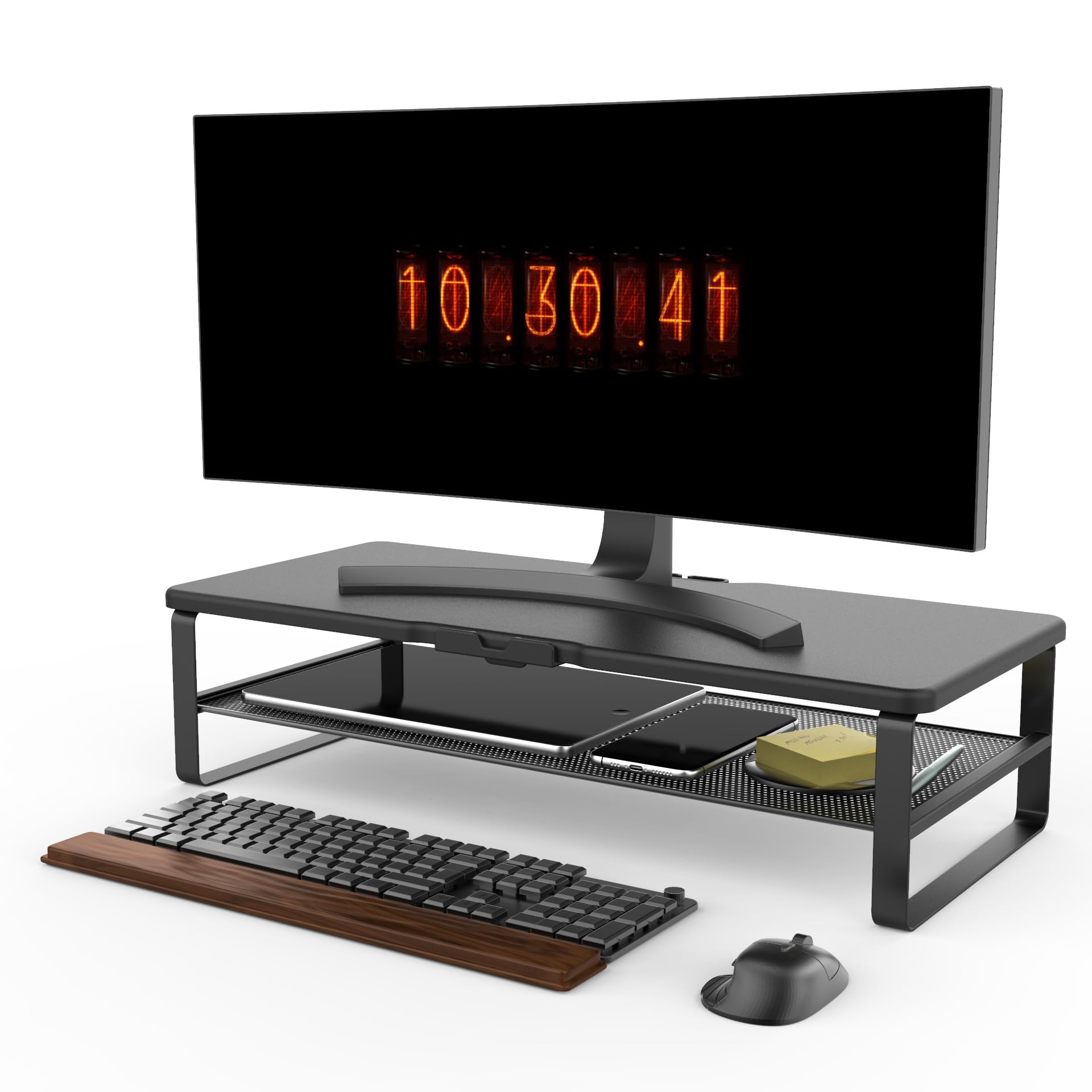 Doowiit 2-Tier Monitor Stand with Drawer, Phone Holder & Cable Management - Adjustable Desk Riser for Computer Monitor, Laptop, Printer | Home Office Organization Solution for Workspace & Gaming Setup (Black)
