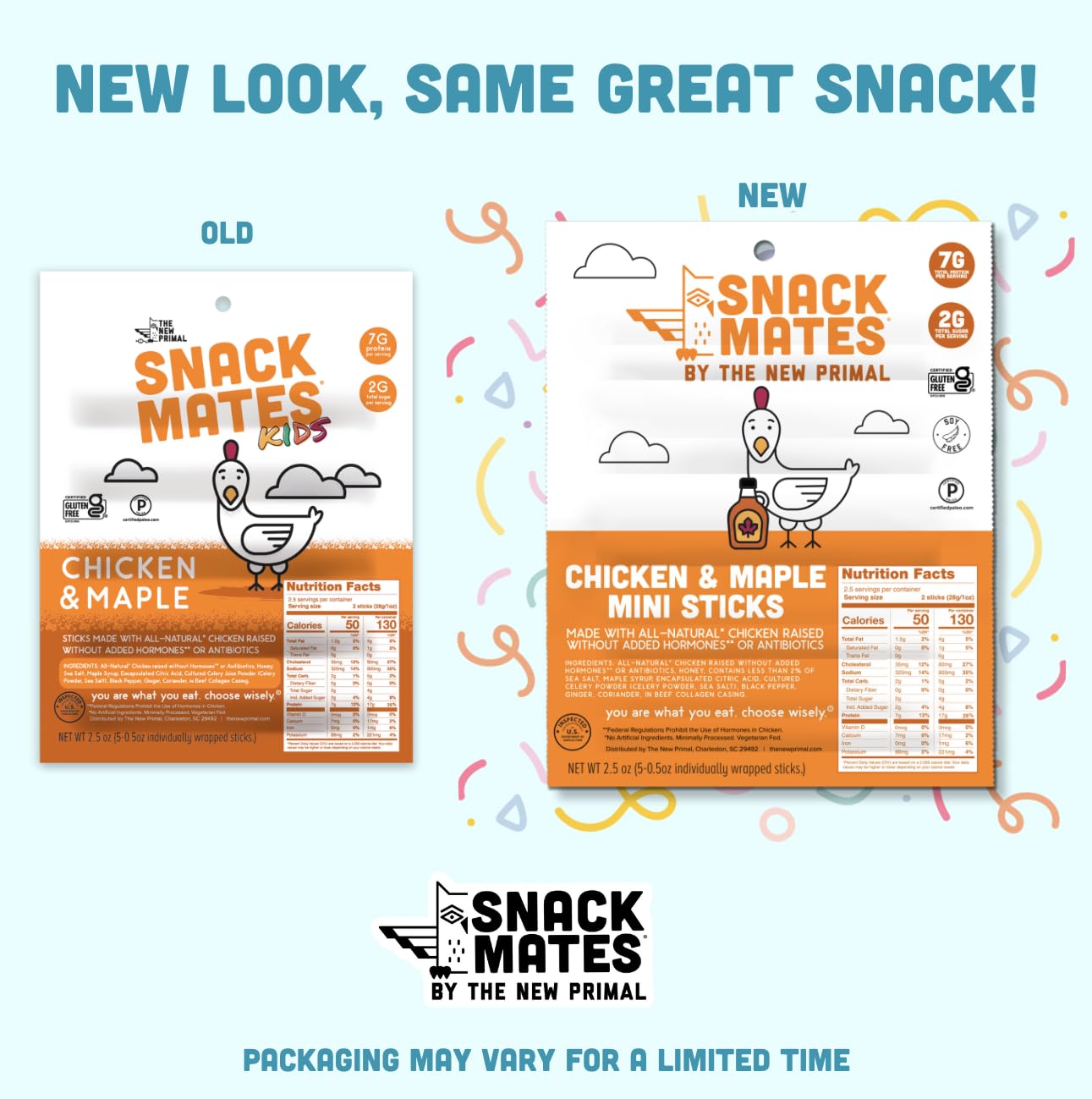 The New Primal Snack Mates Chicken & Maple Sticks – Gluten Free, Low Sugar, High Protein (7g) Healthy Kids Snacks – 50 Calorie Mini Paleo Jerky Meat Sticks (40 Pack) – Perfect for School Lunches, After-School Snacks & On-The-Go Nutrition