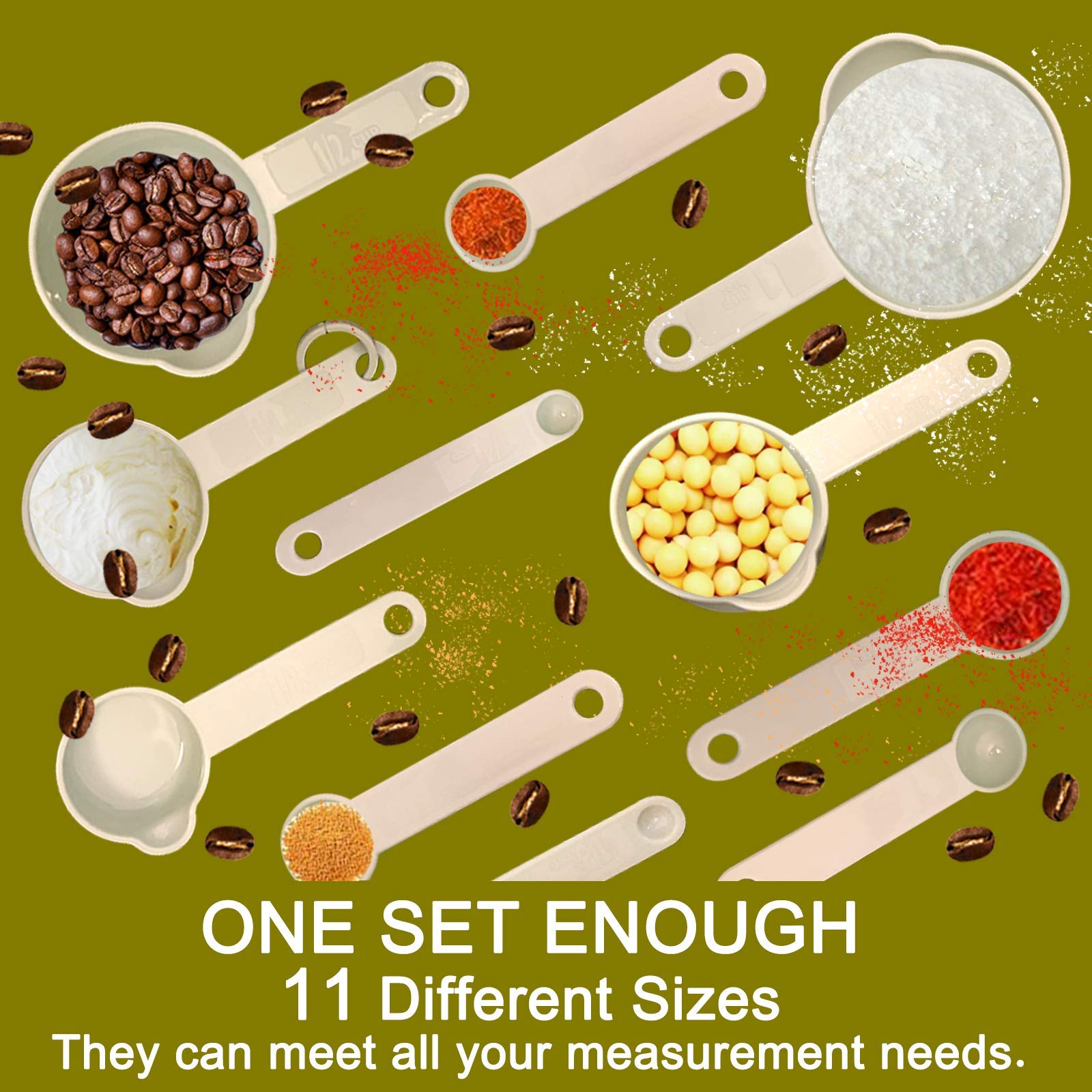 11-Piece Measuring Cups and Spoons Set - Durable Plastic, Nordic Colors (Green) - Includes 2 Kitchen Tool Hooks for Baking, Cooking & Meal Prep