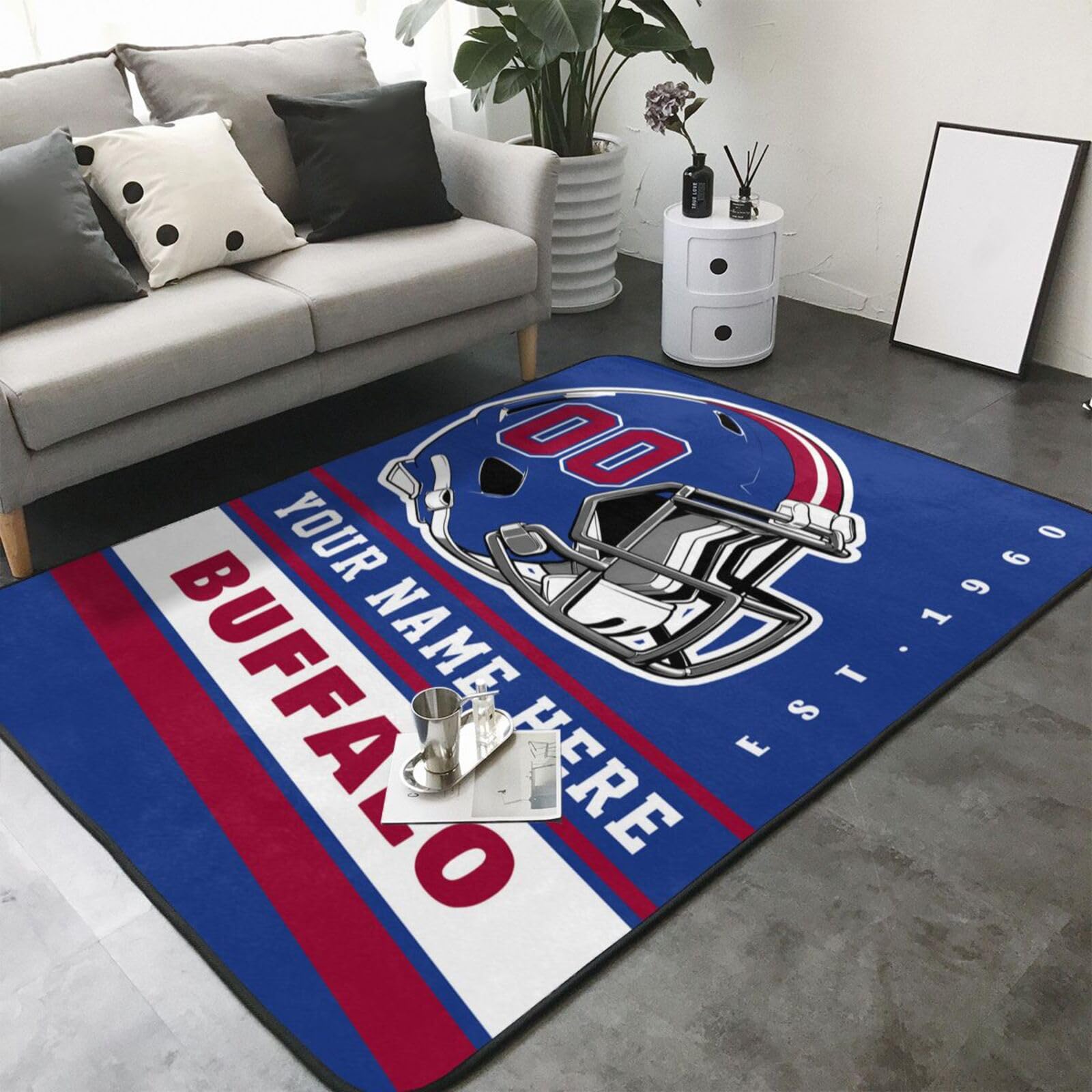 Custom Buffalo Rug for Bedroom - Personalized Name & Number Football Area Rugs - Unique Gifts for NFL Fans, Men & Women - Perfect for Game Room Decor, Man Cave, or Sports Themed Bedroom
