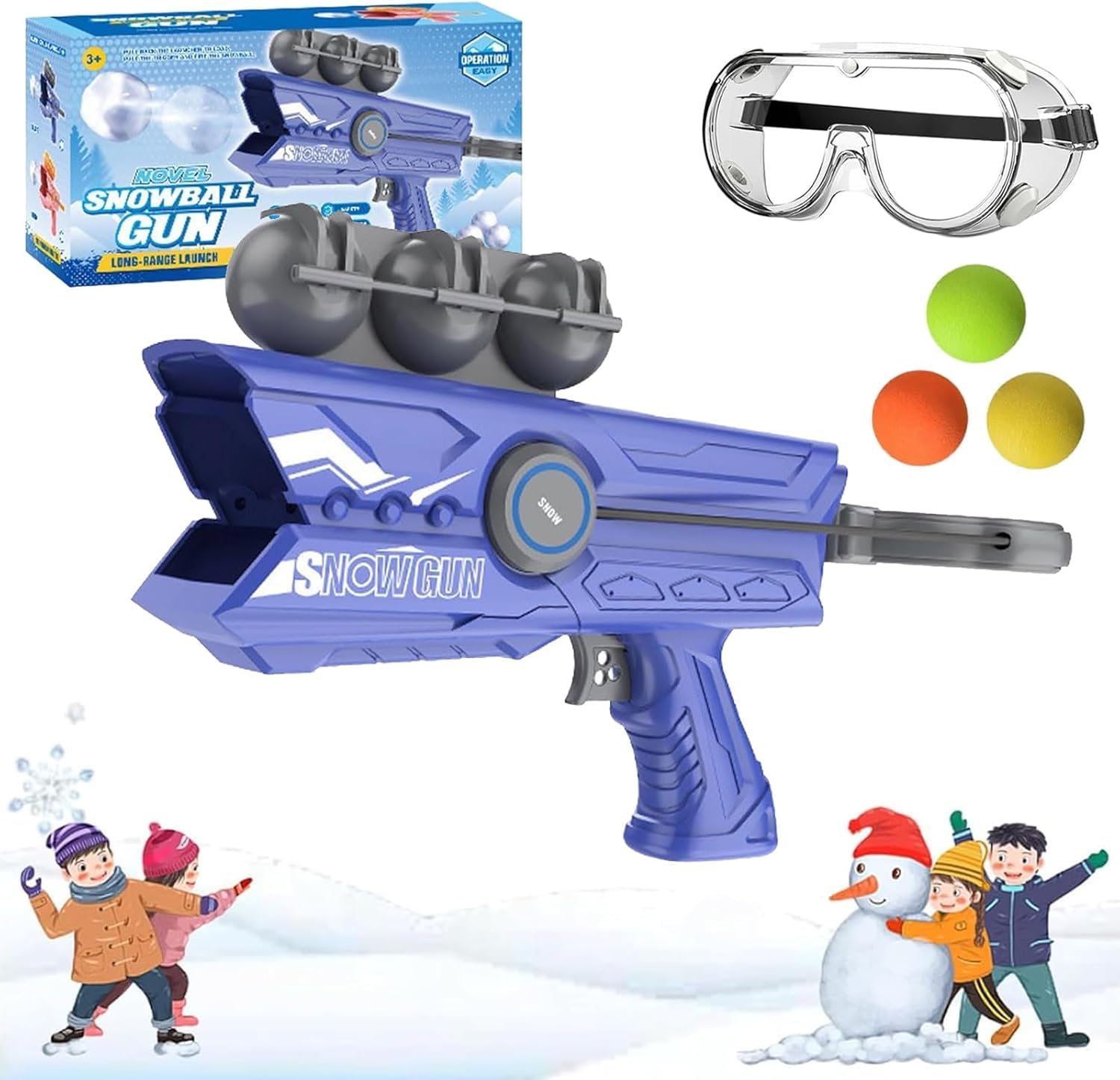 Snowball Launcher Gun for Kids - Winter Outdoor Toy with 3 Duck-Shaped Clips | Snow Ball Maker & Launcher for Snowball Fights & Winter Fun (Blue)