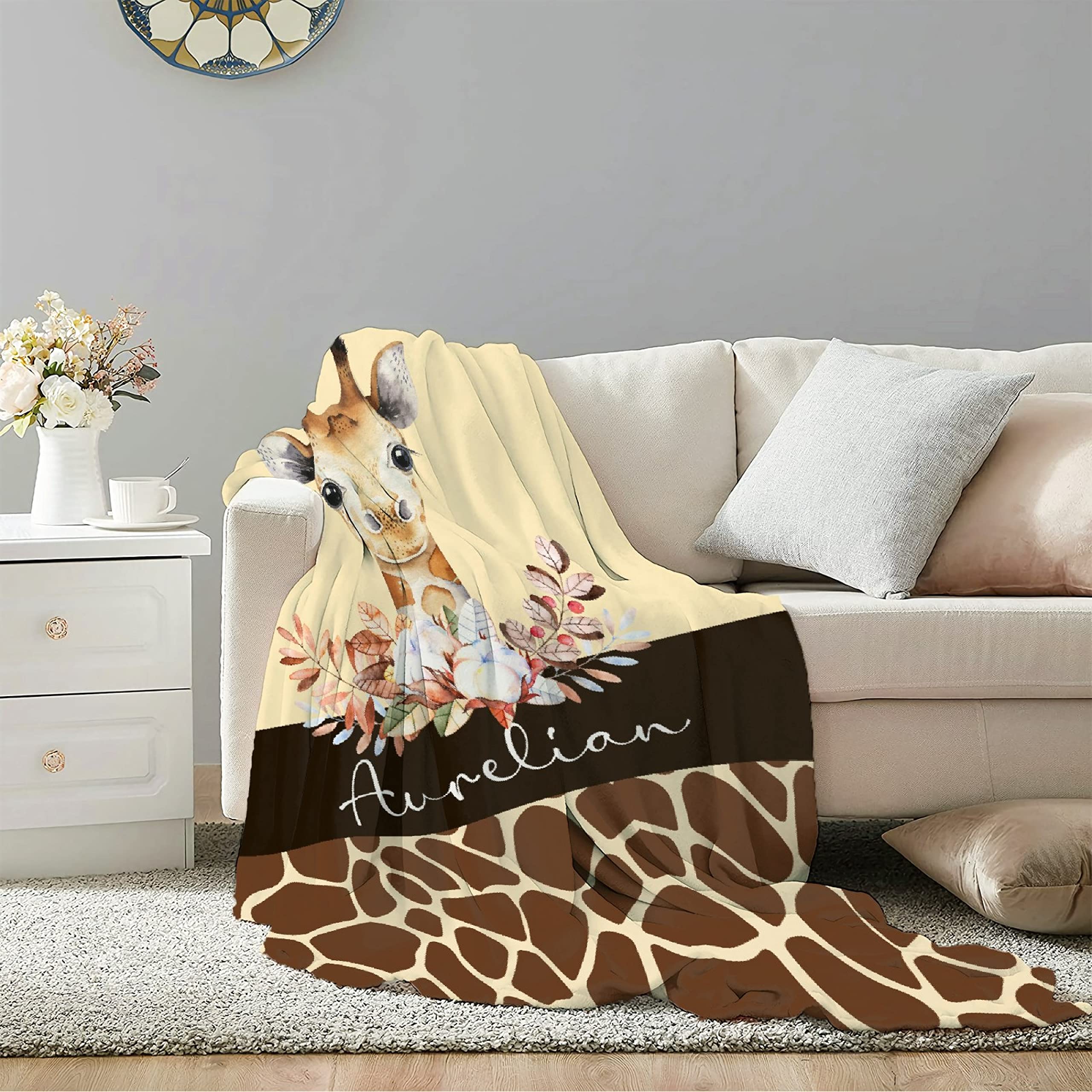 Personalized Baby Blanket with Name - Custom Giraffe & Flower Fleece Throw Blanket for Boys & Girls | Extra Large 120x90 Inch | Perfect Baby Shower, Birthday Gift for Granddaughter, Niece | Cozy Nursery & Family Cuddle Blanket