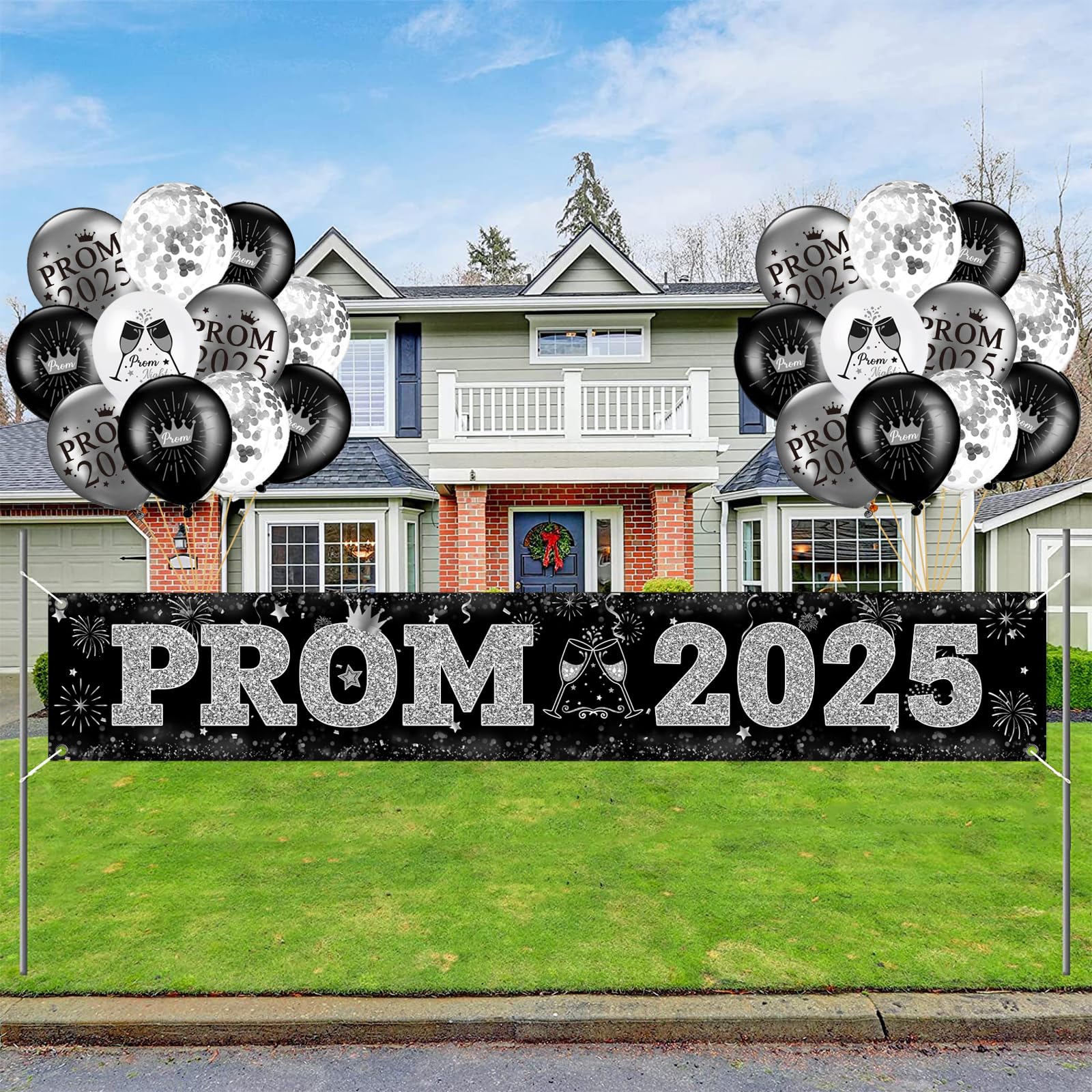 2025 Graduation Prom Banner Decorations - Black & Silver Yard Sign with Balloons (9.8x1.6 ft) for Prom Party, Send Off & Outdoor Decor | Perfect for High School Graduation Celebrations & Photo Backdrops